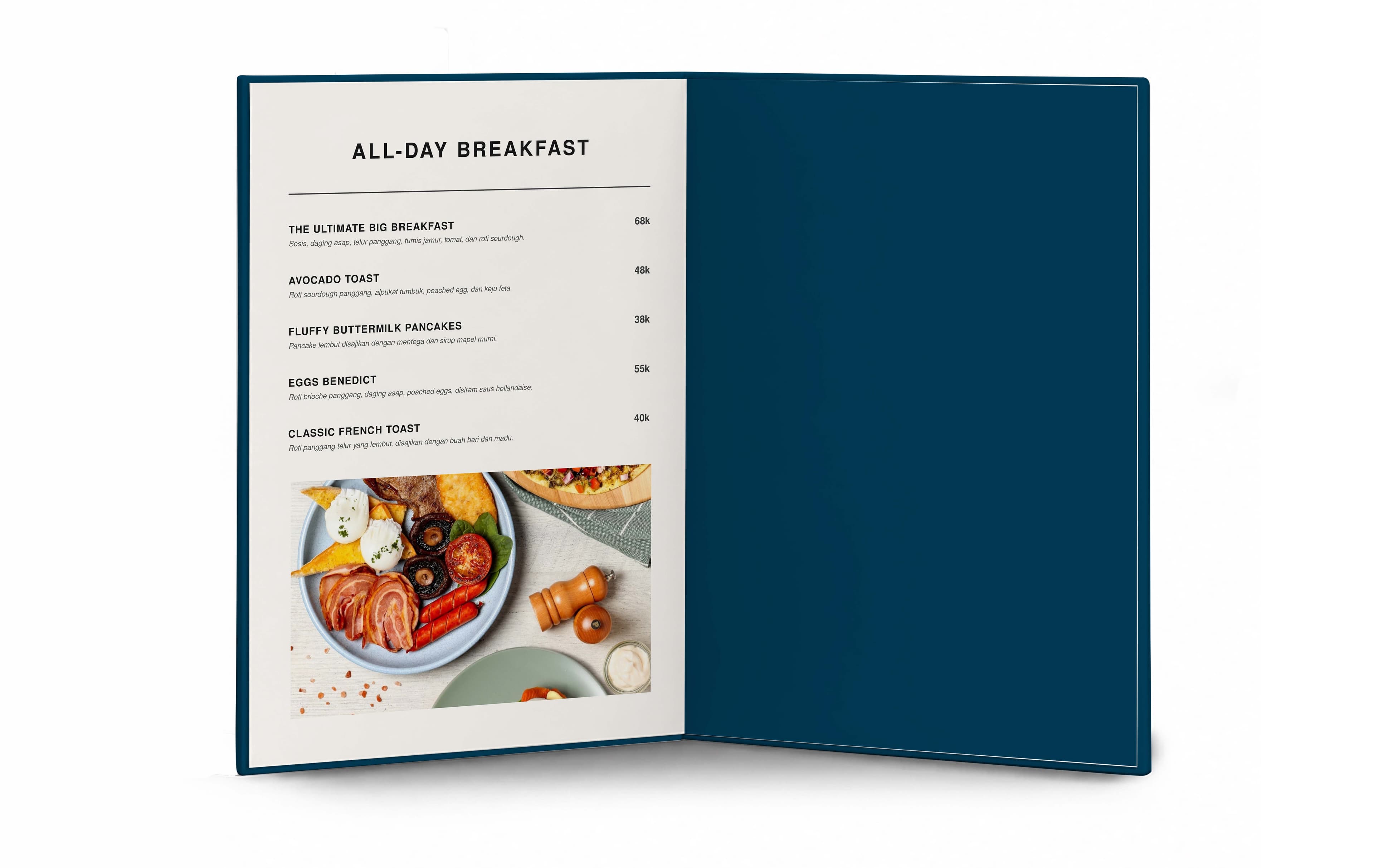 Buku Menu Restorant Hard Cover Lipat 2 Sisi Simple Dengan Warna Biru Putih - Back