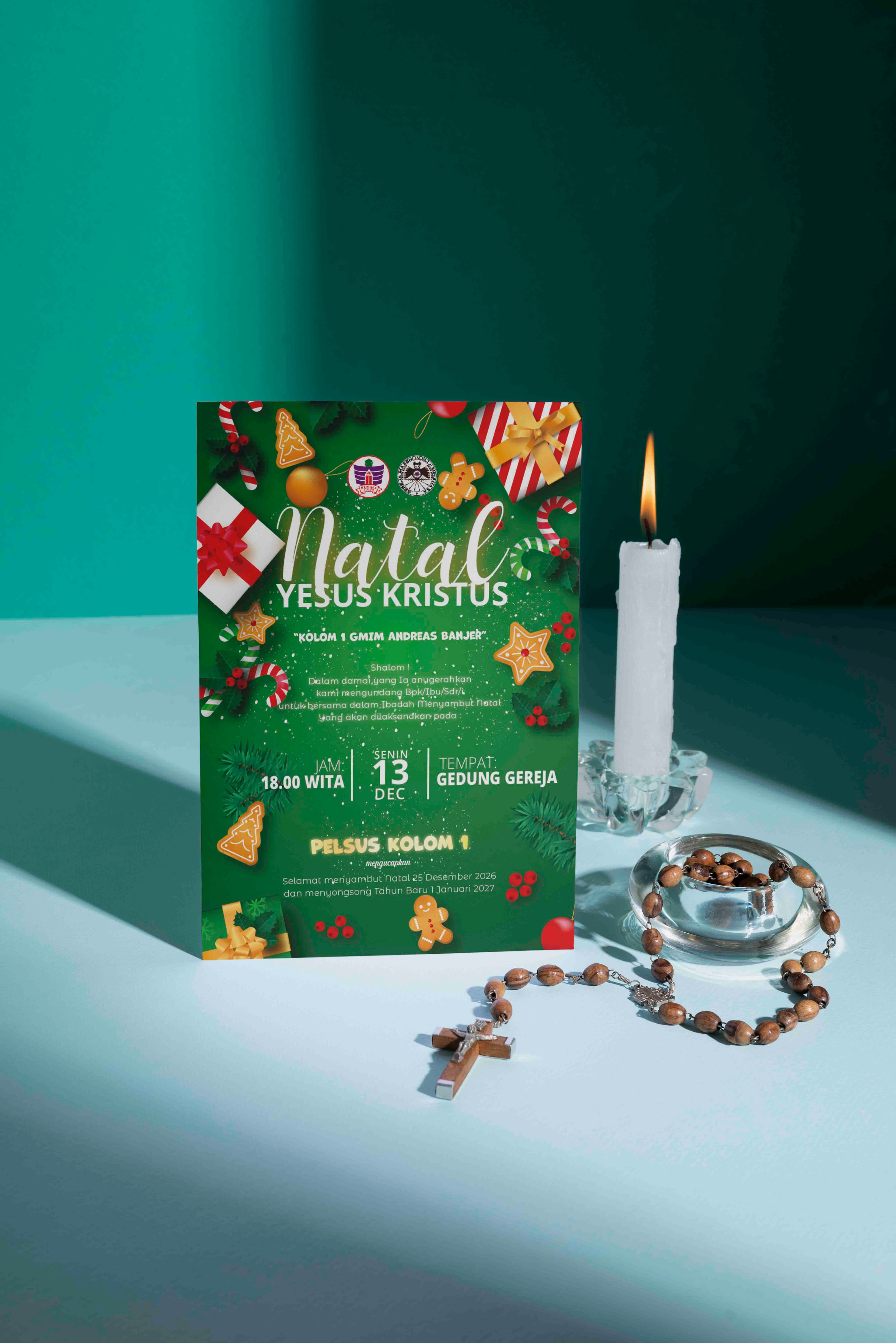  Undangan Natal Custom Gereja Tema Hijau Ornamen Natal untuk Ibadah Perayaan Natal