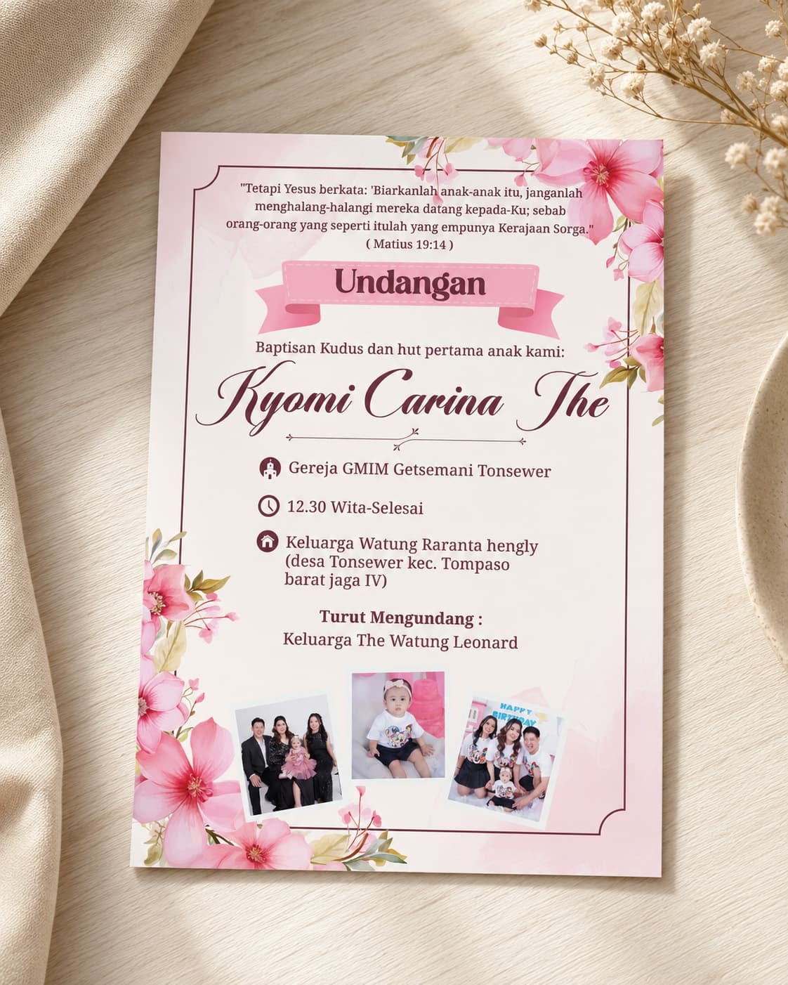 Undangan Baptisan Kudus & Ulang Tahun Anak Tema Floral Pink – Undangan Custom Elegan dengan Foto