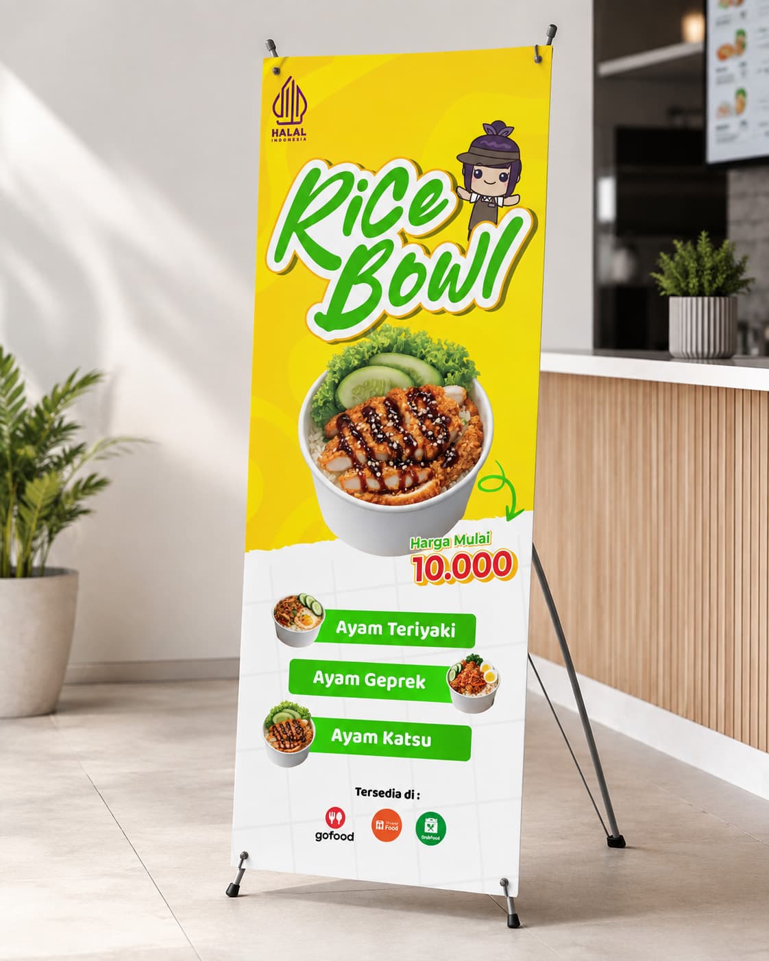 X Banner Rice Bowl Custom – Desain Banner Promosi Rice Bowl, Ayam Teriyaki, Ayam Geprek & Ayam Katsu untuk UMKM Kuliner