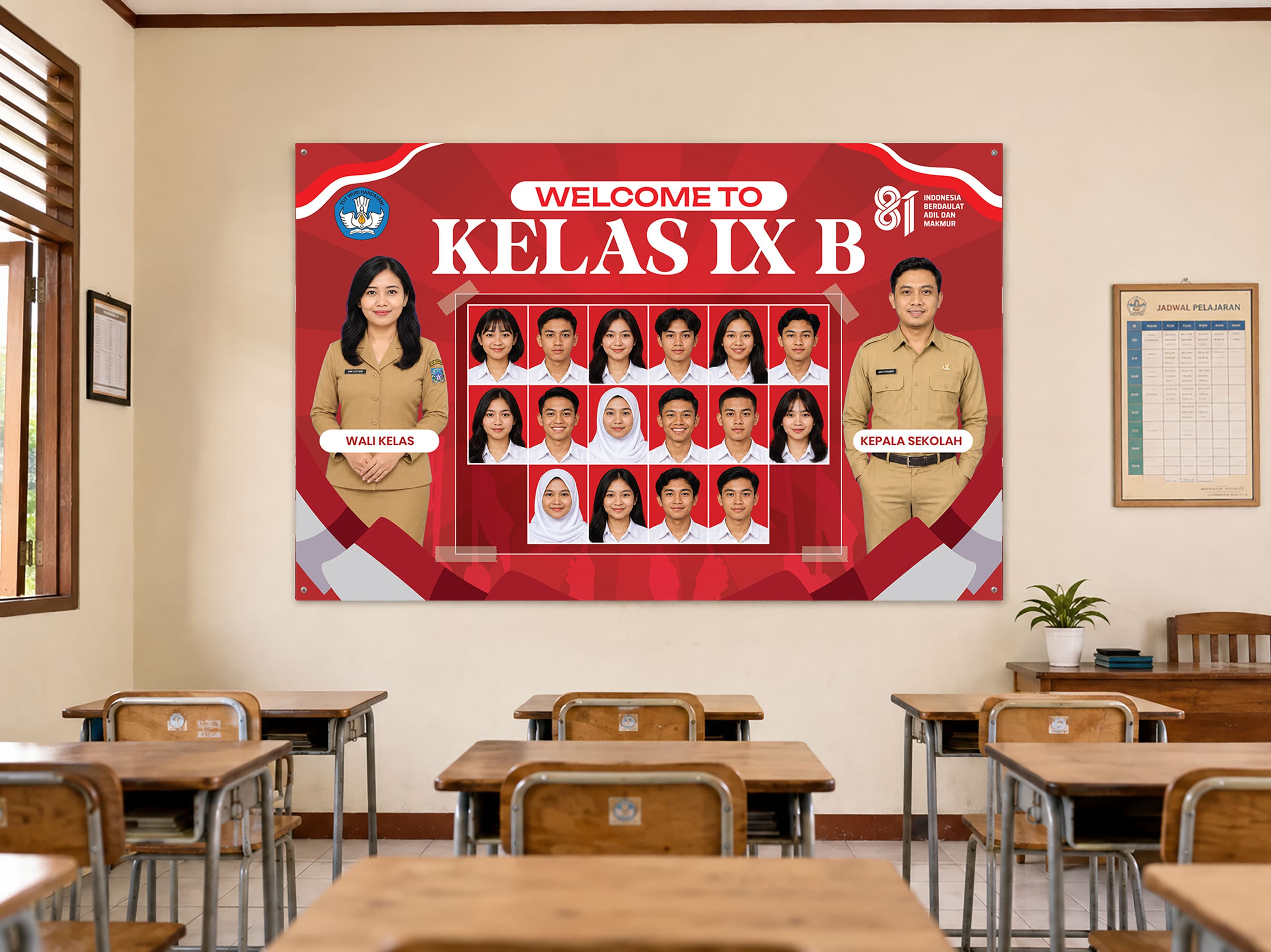 Baliho Kelas Dengan Tema Kemerdekaan Dengan Foto Siswa Latar Dominan Merah