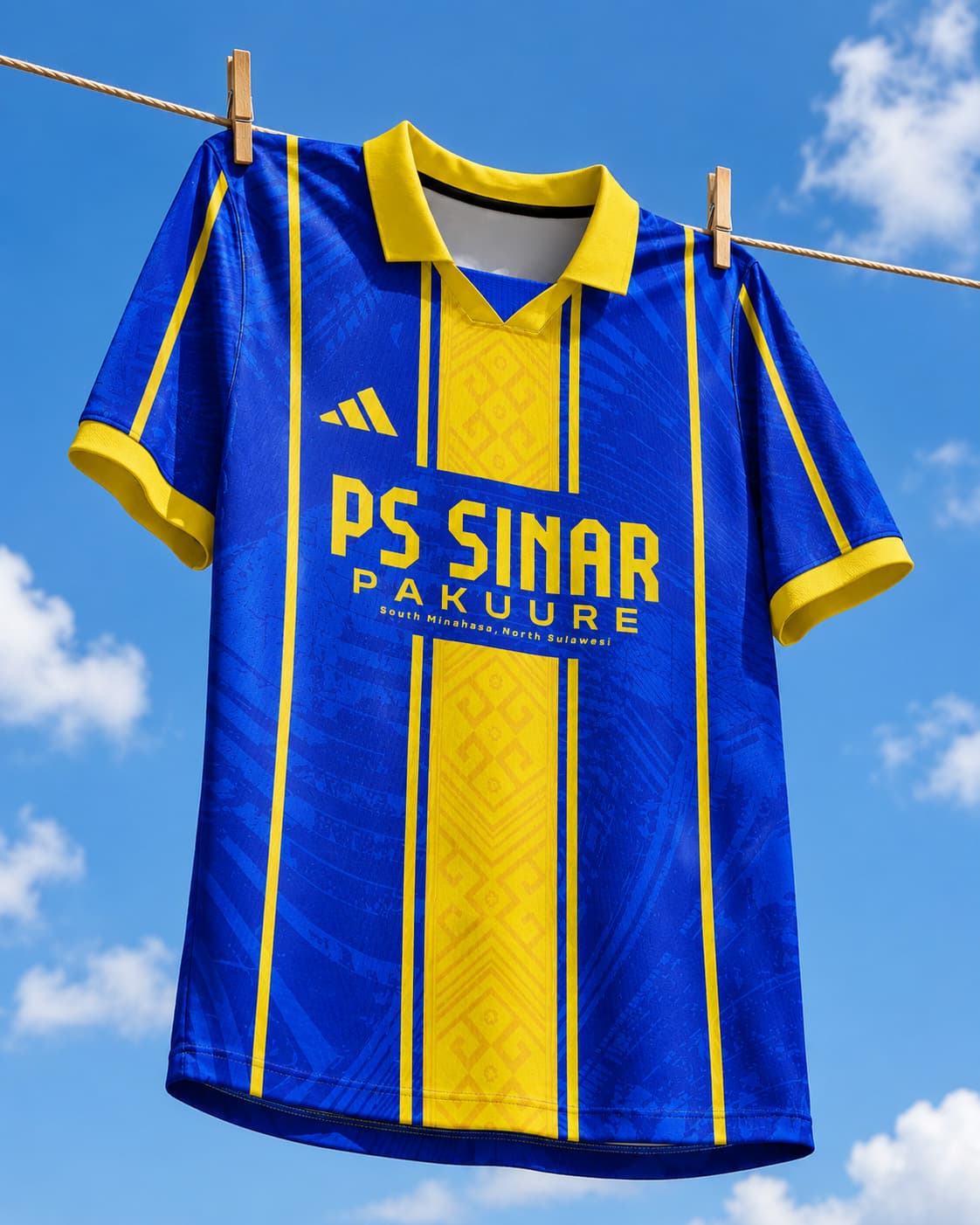 Jersey Sepak Bola & Futsal Retro Warna Biru Kuning – Motif Etnik Minahasa