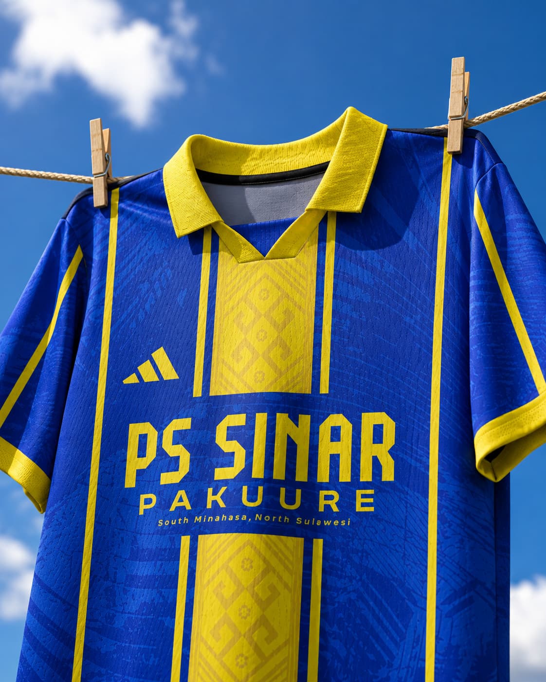 Jersey Sepak Bola & Futsal Retro Warna Biru Kuning – Motif Etnik Minahasa