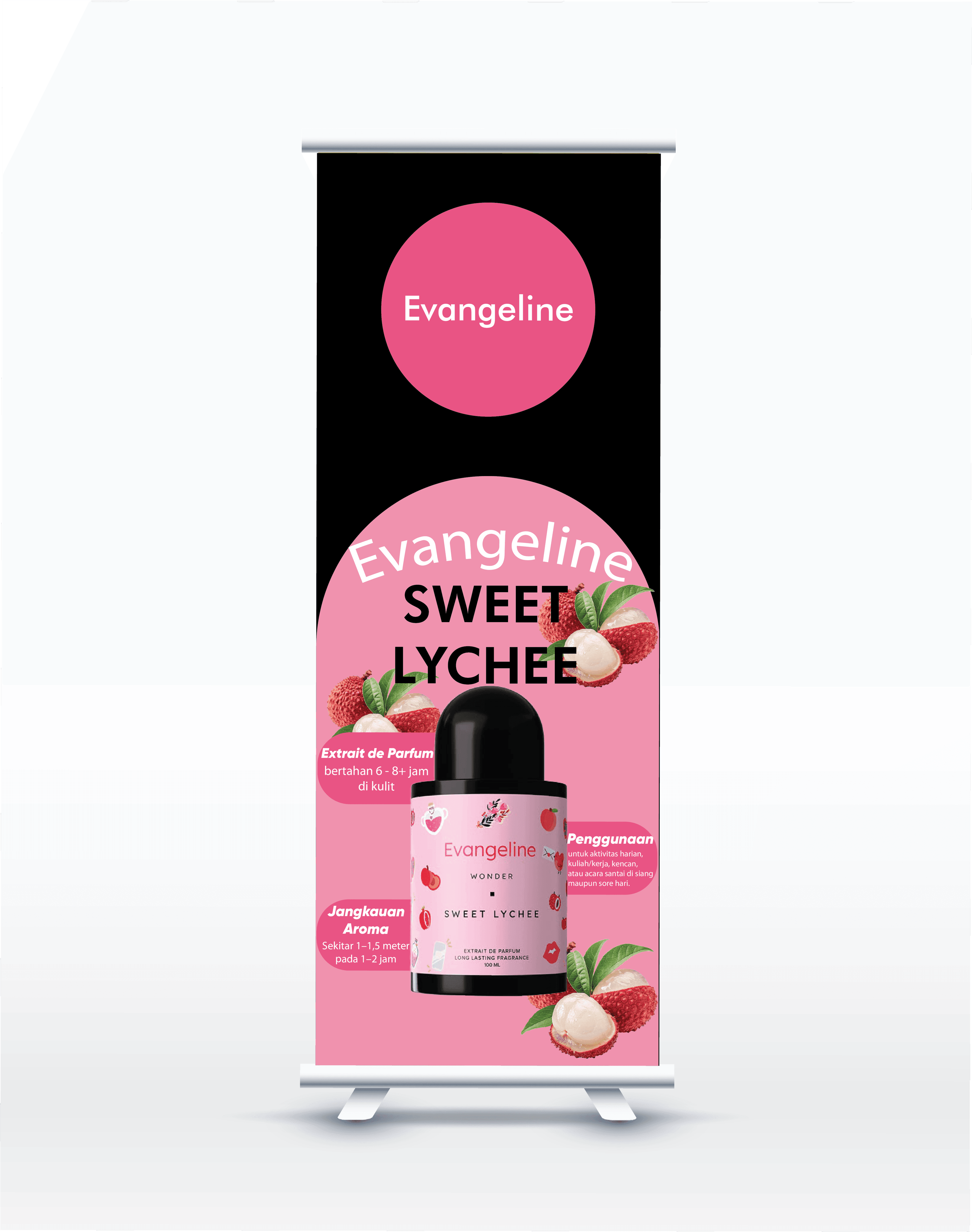Banner Stand Untuk Promosi Produk Dengan Warna Hitam Dan Pink