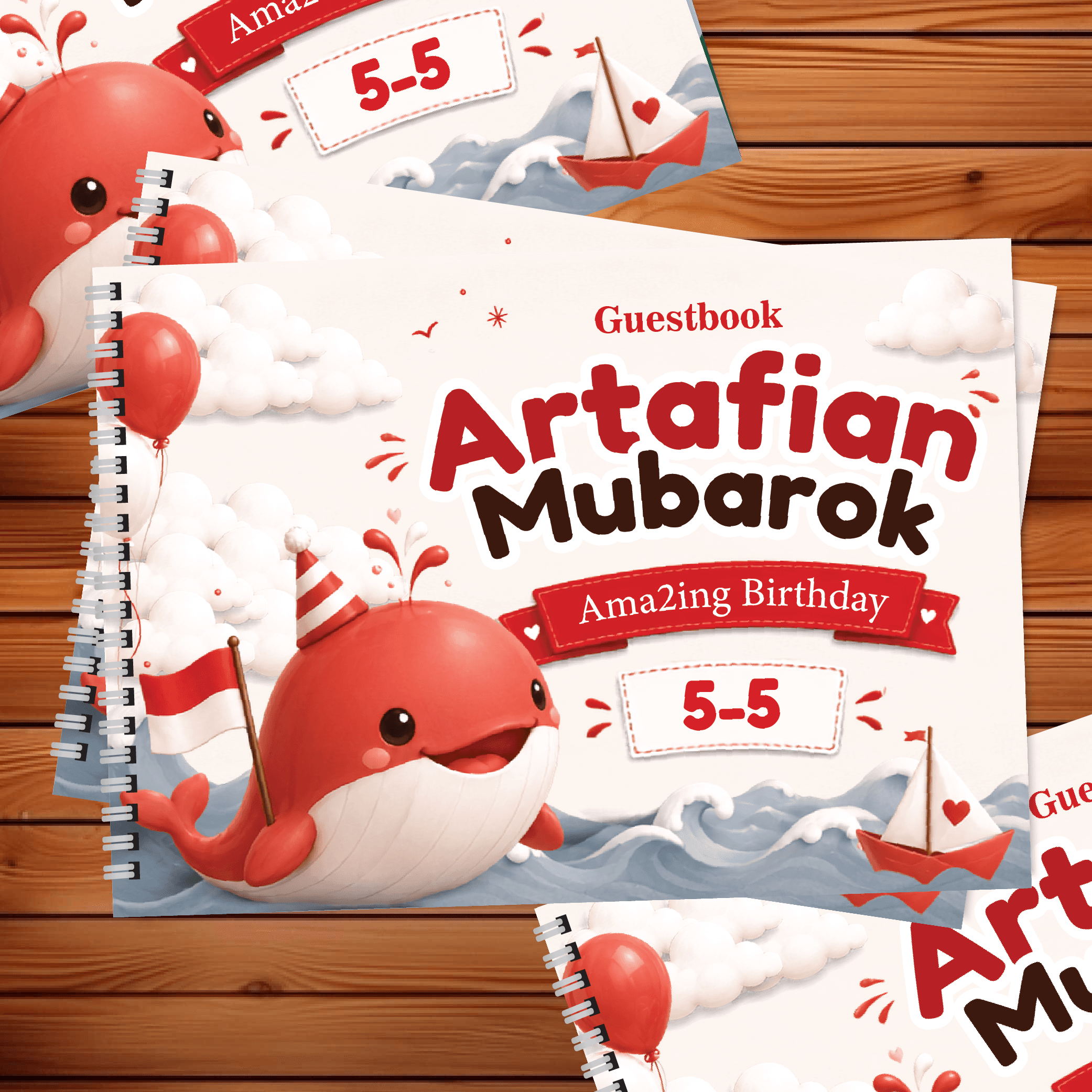 Buku Tamu Ulang Tema Ikan Paus Lucu Merah Putih