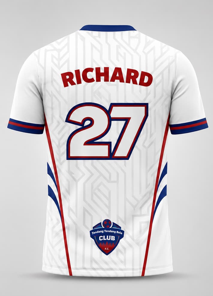 Jersey Futsal Custom Putih Merah Biru dengan Nama dan Nomor Pemain
