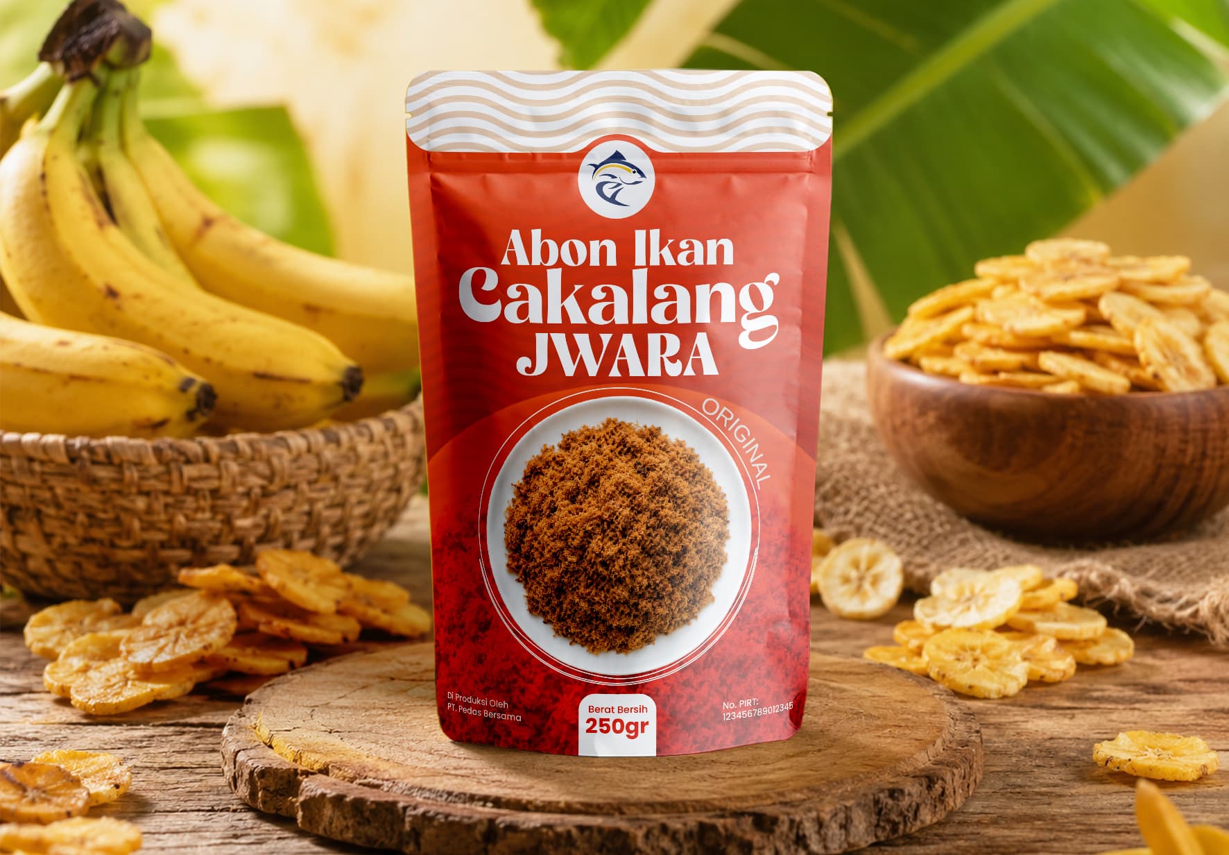 Kemasan Standing Pouch Produk Abon Cakalang Jwara Tema Merah