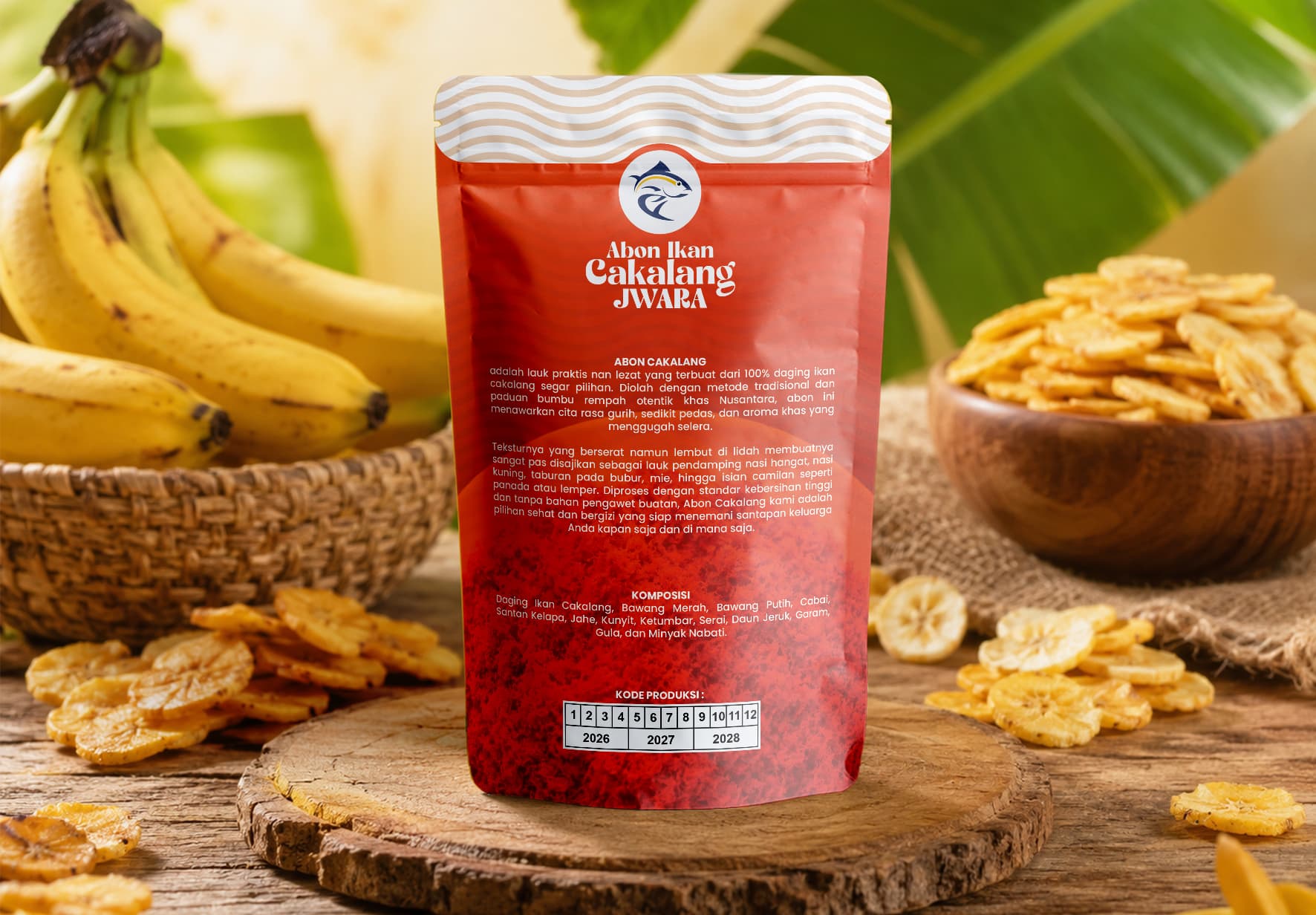 Kemasan Standing Pouch Produk Abon Cakalang Jwara Tema Merah