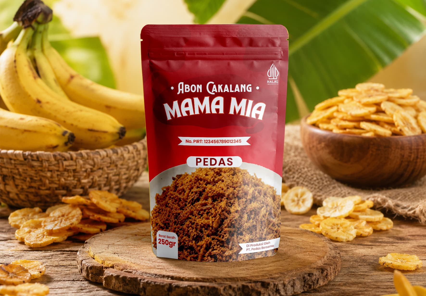 Kemasan Standing Pouch Produk Abon Cakalang Mama Mia Tema Merah