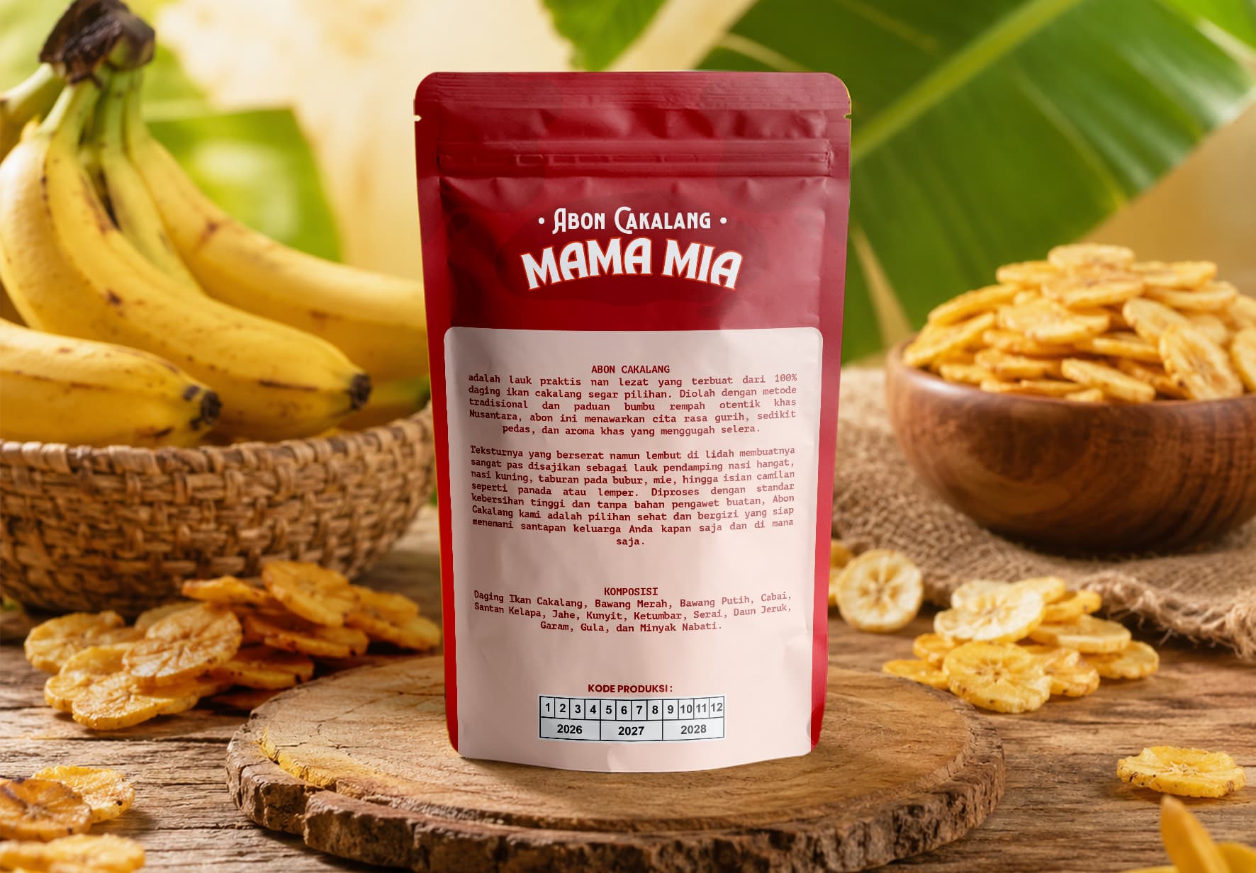 Kemasan Standing Pouch Produk Abon Cakalang Mama Mia Tema Merah
