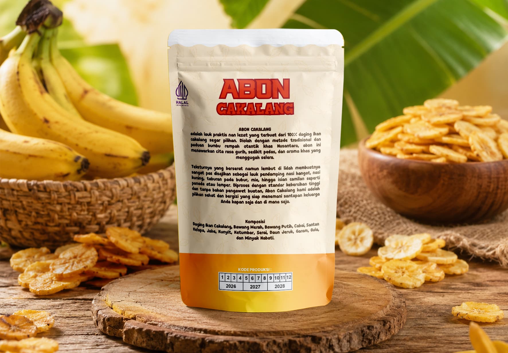 Kemasan Standing Pouch Produk Abon Cakalang Tema Krem Orange