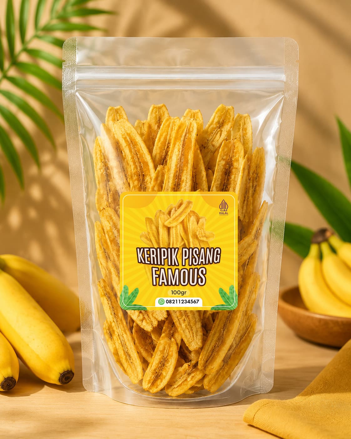 Sticker Produk Keripik Pisang Famous: Kuning Keemasan Ikonik, Renyah Terlaris