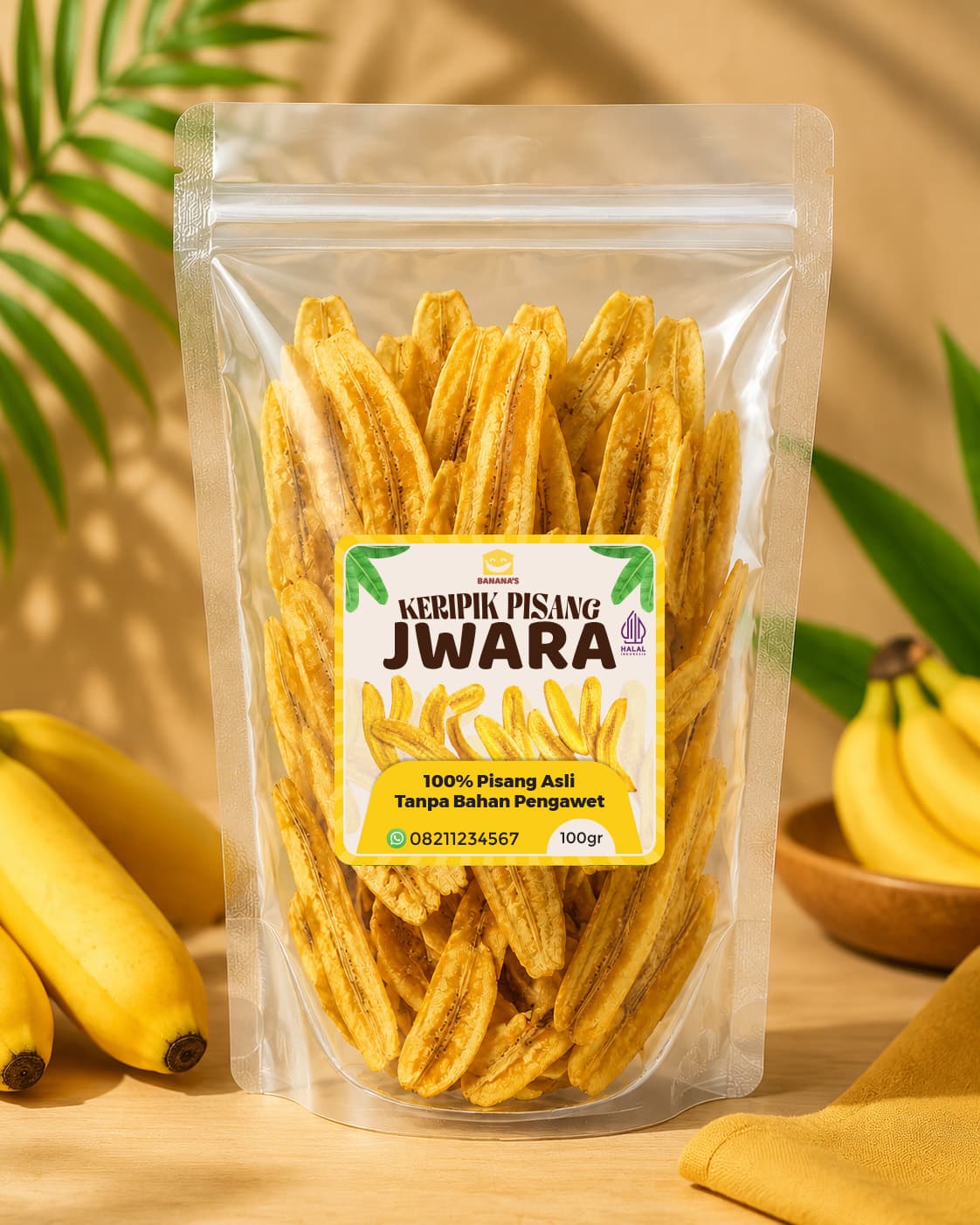 Sticker Produk Keripik Pisang Jwara: Krem Natural Daun Segar, Pilihan Juara Renyah Terbaik