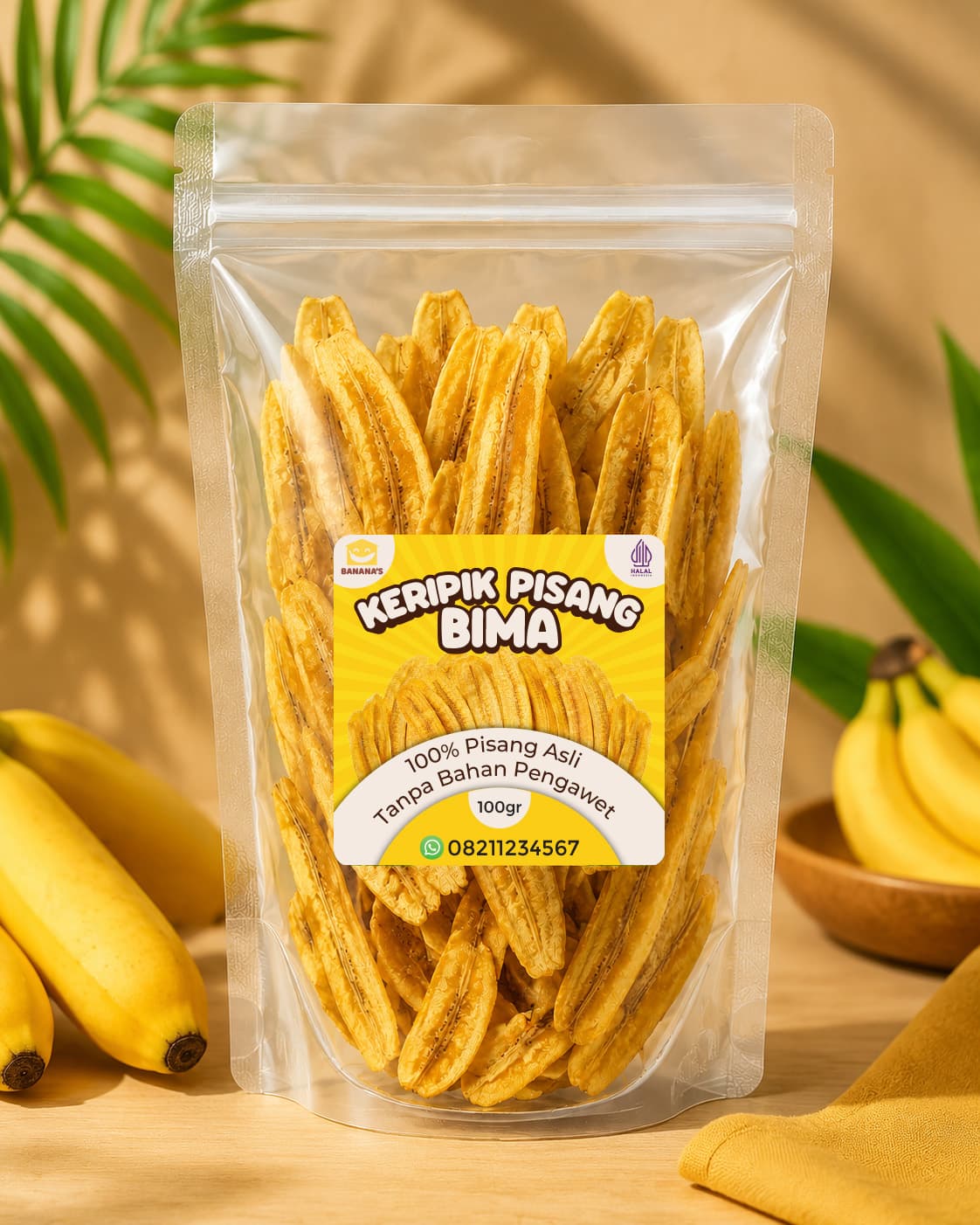 Sticker Produk Keripik Pisang Bima: Kuning Otentik Padat, Bima Kuat Rasanya