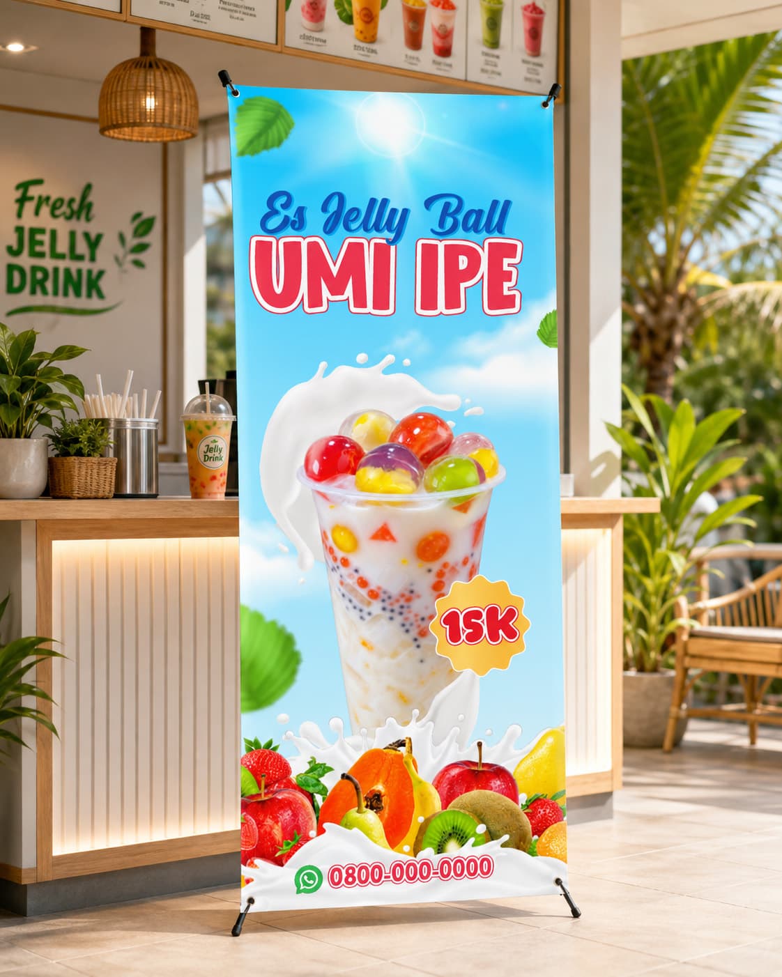 X Banner Es Jelly Ball Custom – Media Promosi Minuman Segar untuk Booth, Cafe & UMKM