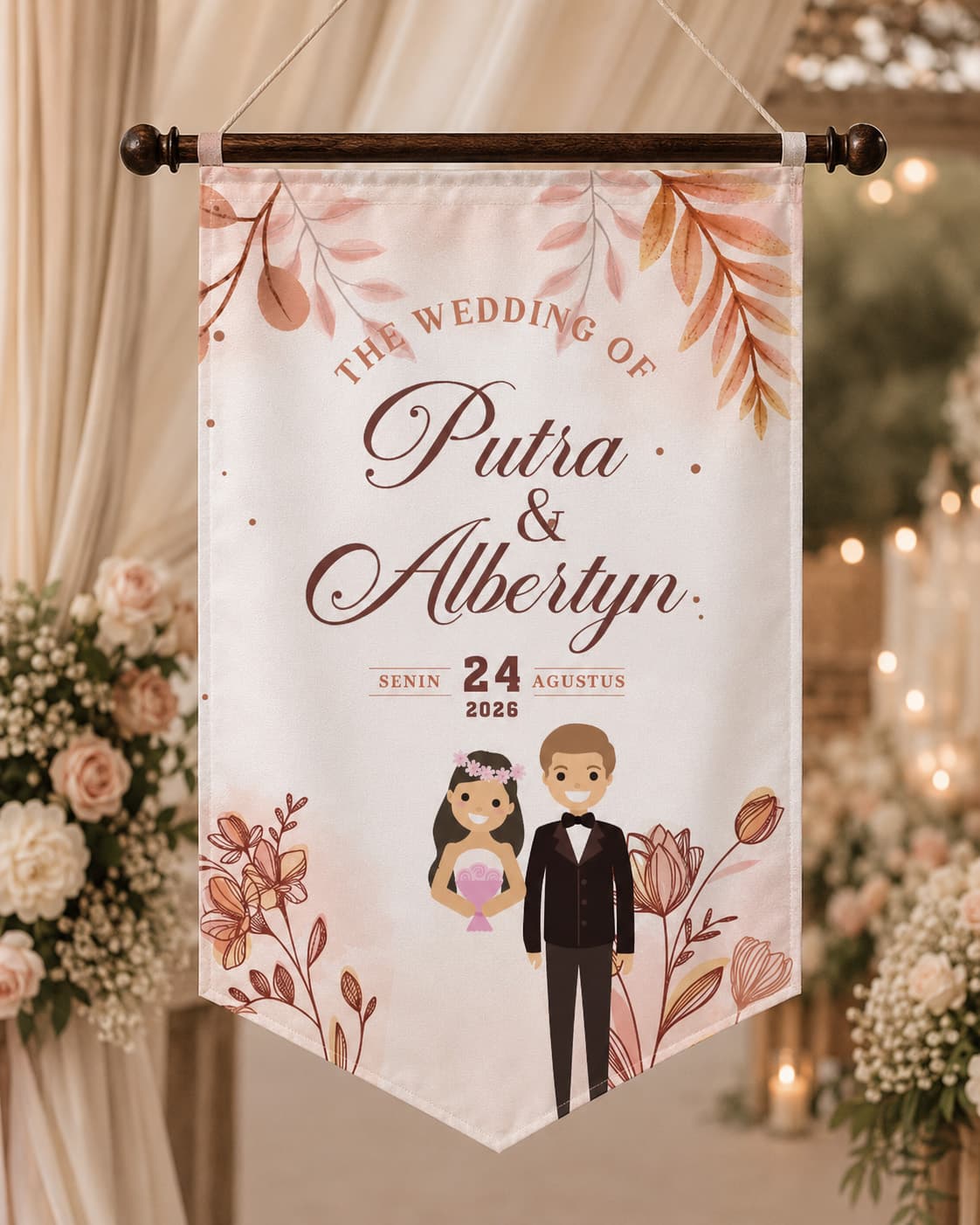 Wedding Flag Custom Elegan – Bendera Dekorasi Pernikahan Personalized dengan Nama Pasangan & Tanggal Acara