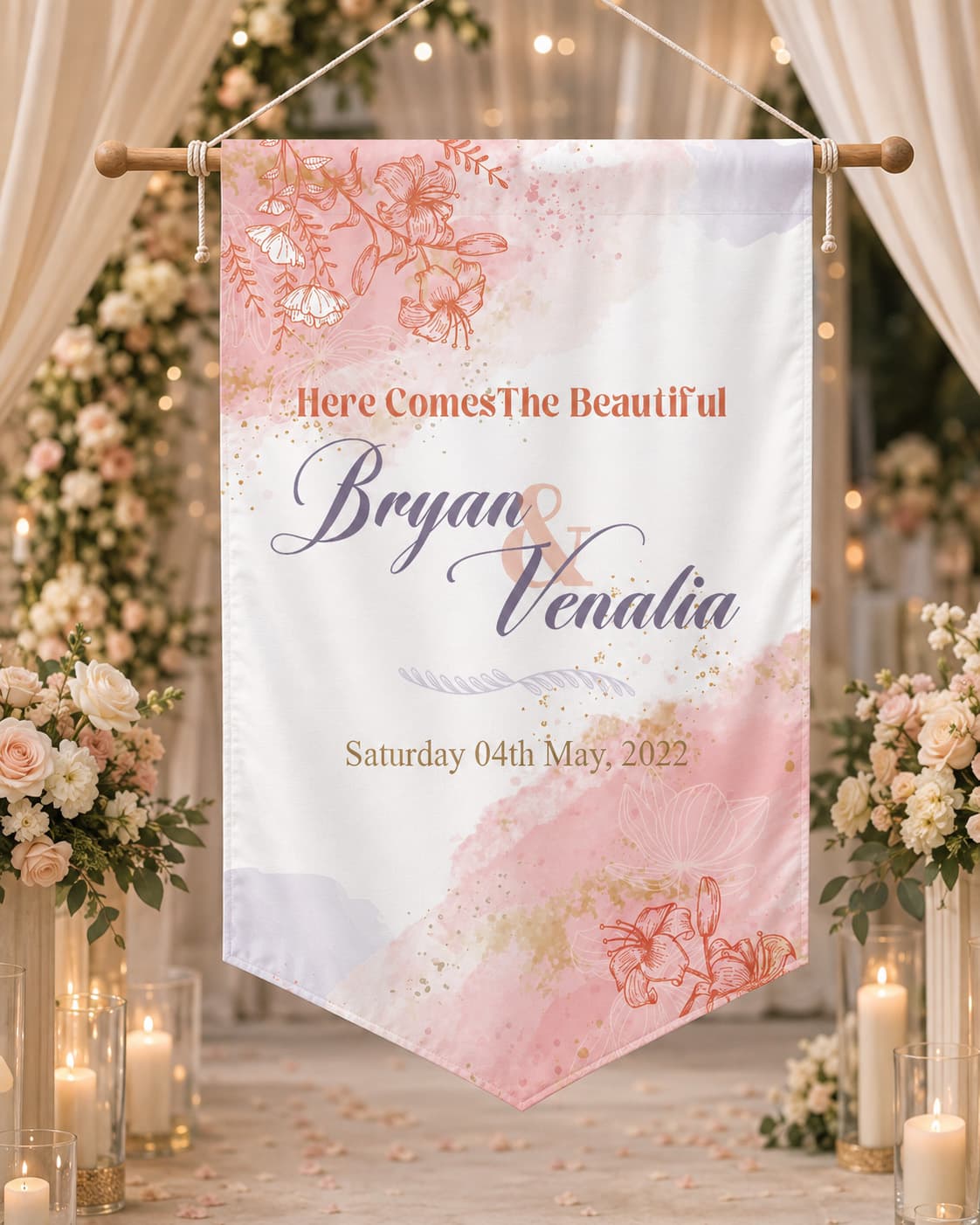Wedding Flag Custom Elegan – Bendera Dekorasi Pernikahan Floral Personalized dengan Nama Pasangan