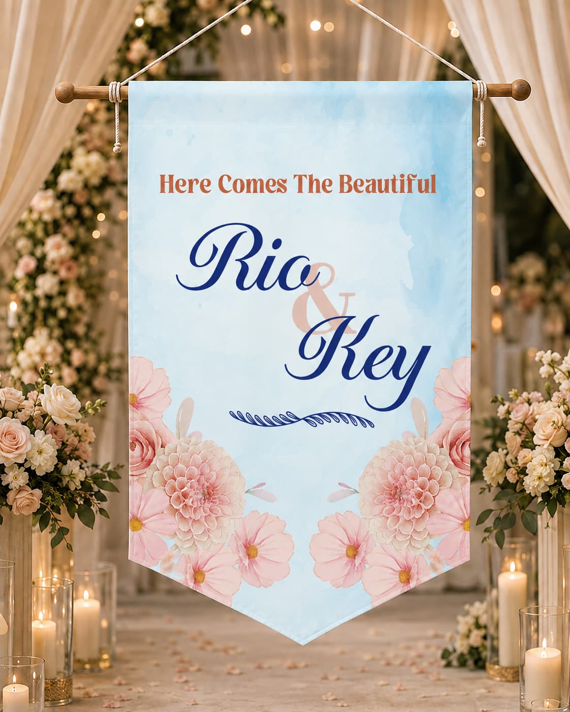 Wedding Flag Custom Floral – Bendera Dekorasi Pernikahan Elegan dengan Nama Pasangan