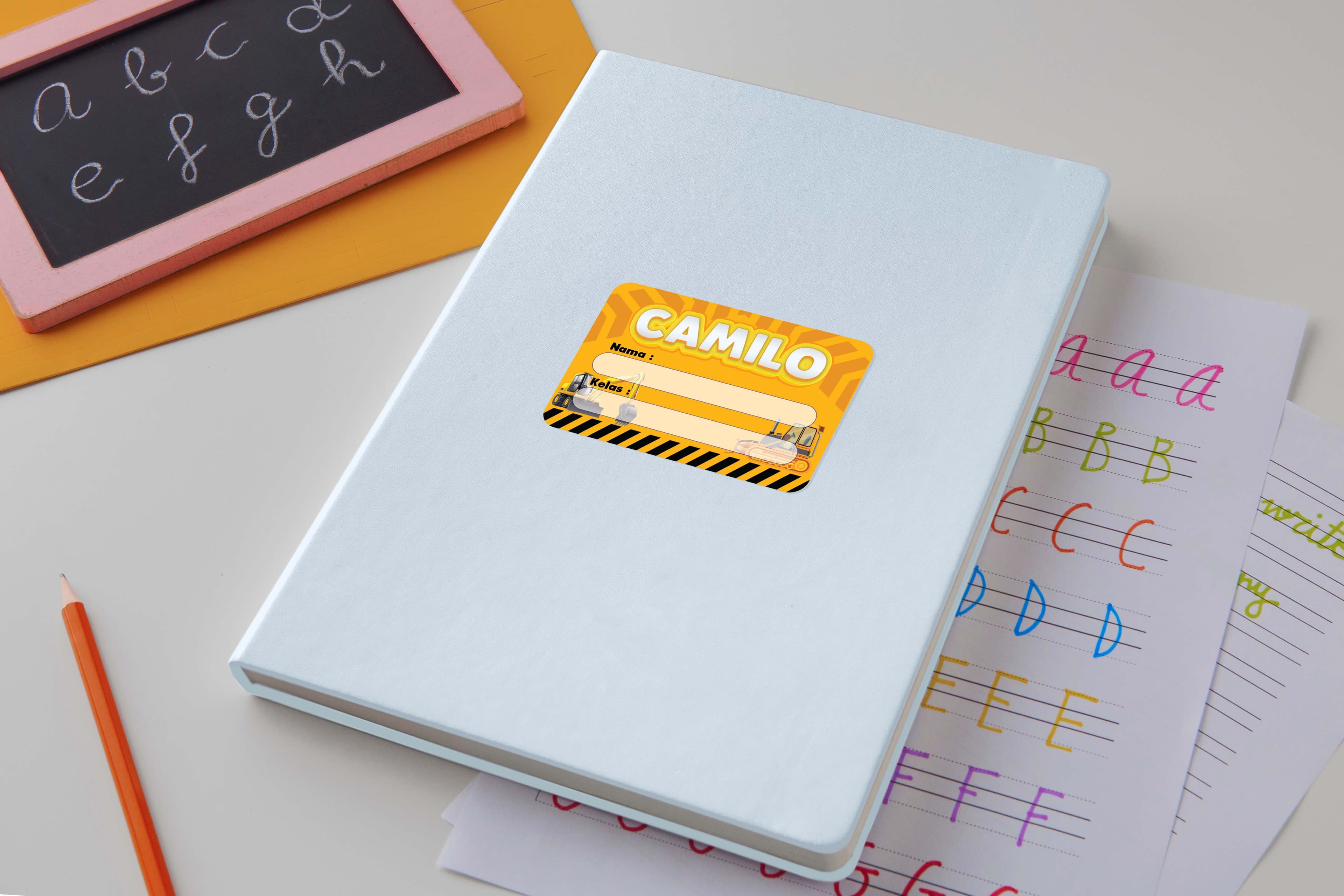 Sticker Nama Anak Custom – Label Buku Sekolah Tema Alat Berat Konstruksi
