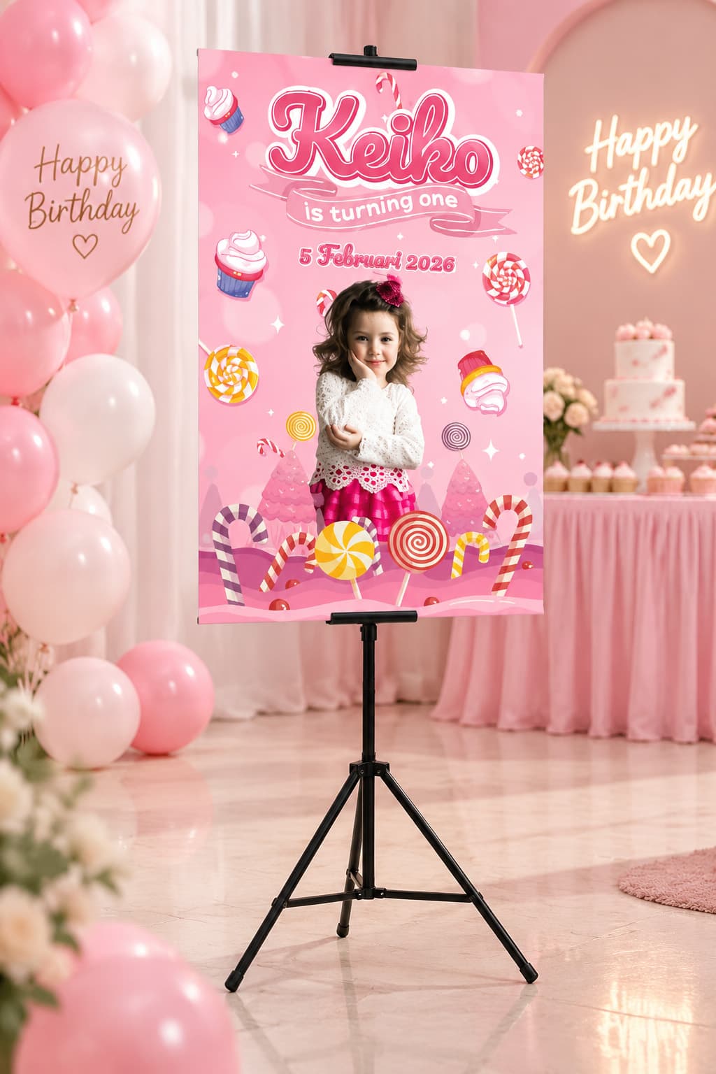 Standing Banner Ulang Tahun Anak Custom Tema Candy Land Pink – Birthday Backdrop