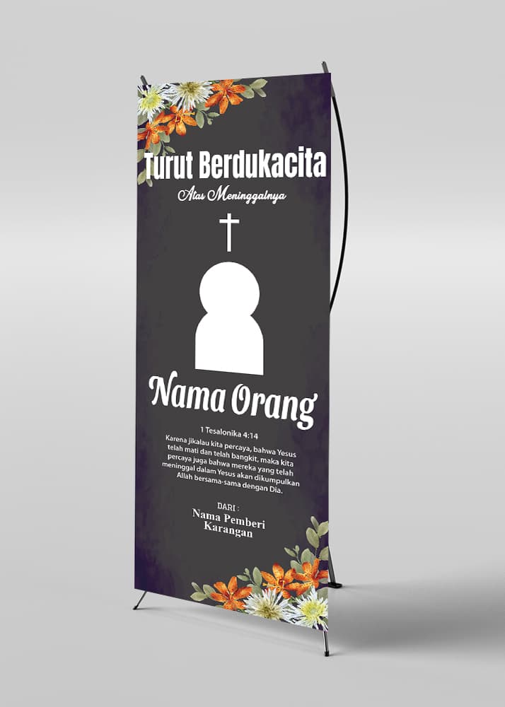 Standing Banner Kedukaan Tema Hitam dengan Nuansa Bunga Sejuk