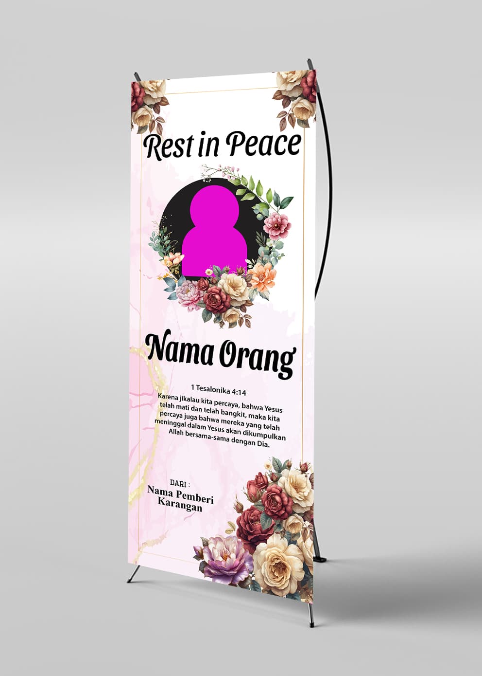 Standing Banner Duka Tema Pink Elegan dengan Bunga Klasik