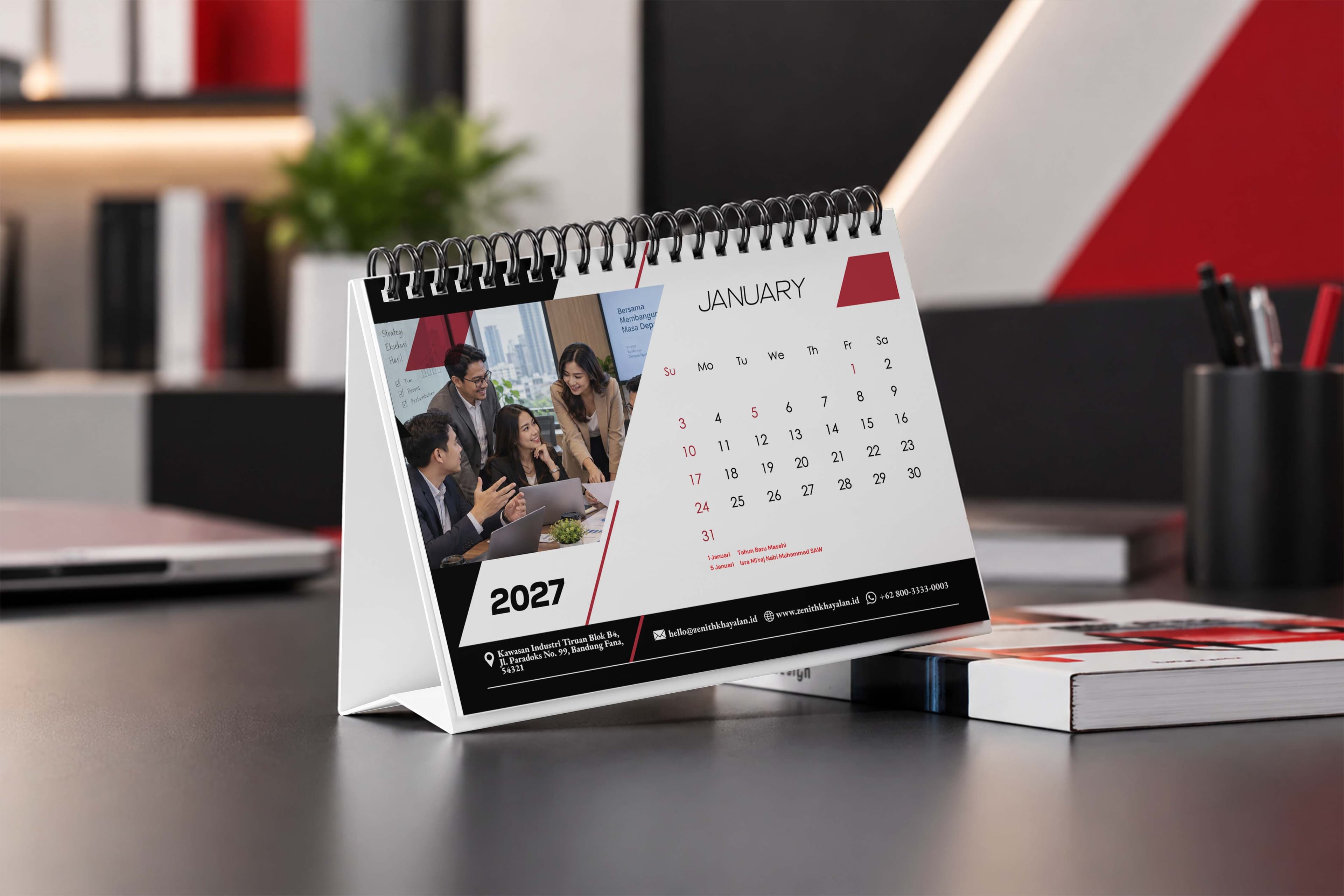 Kalender Meja 2027 Degan Design Simple Dominan Warna Merah Hitam Elegan
