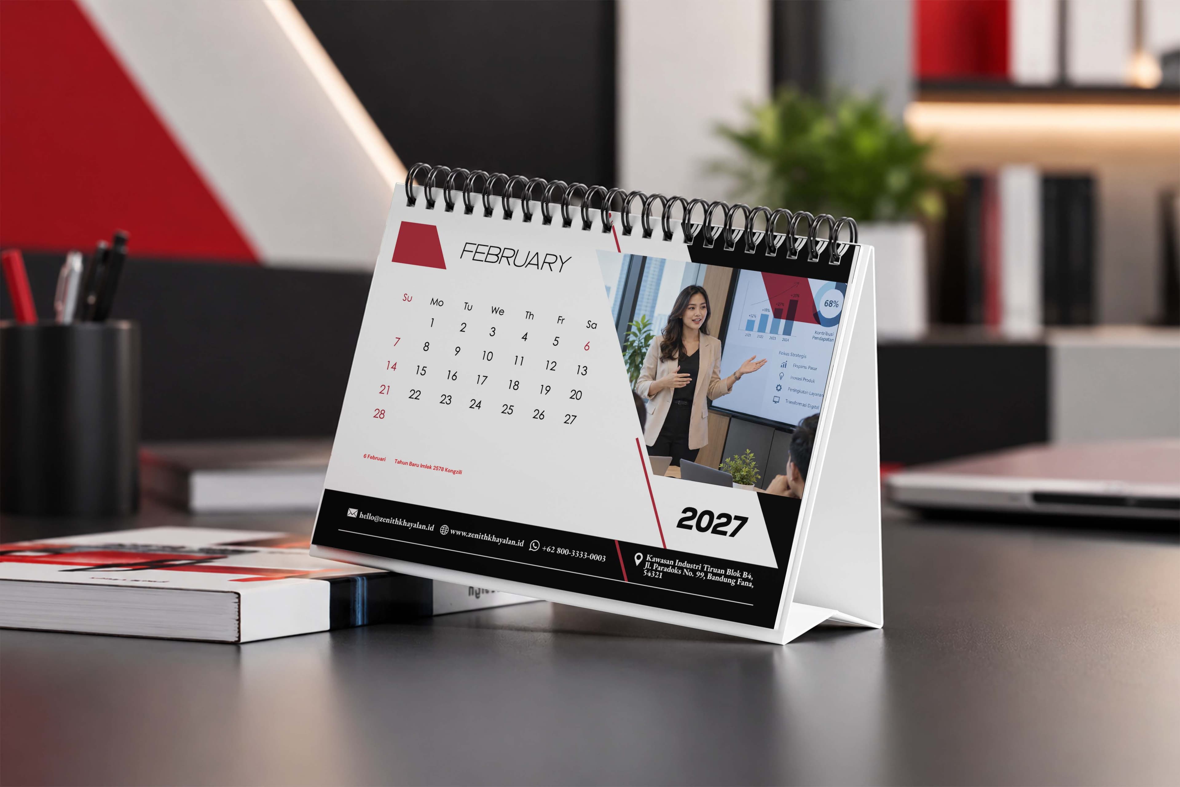 Kalender Meja 2027 Degan Design Simple Dominan Warna Merah Hitam Elegan - Back