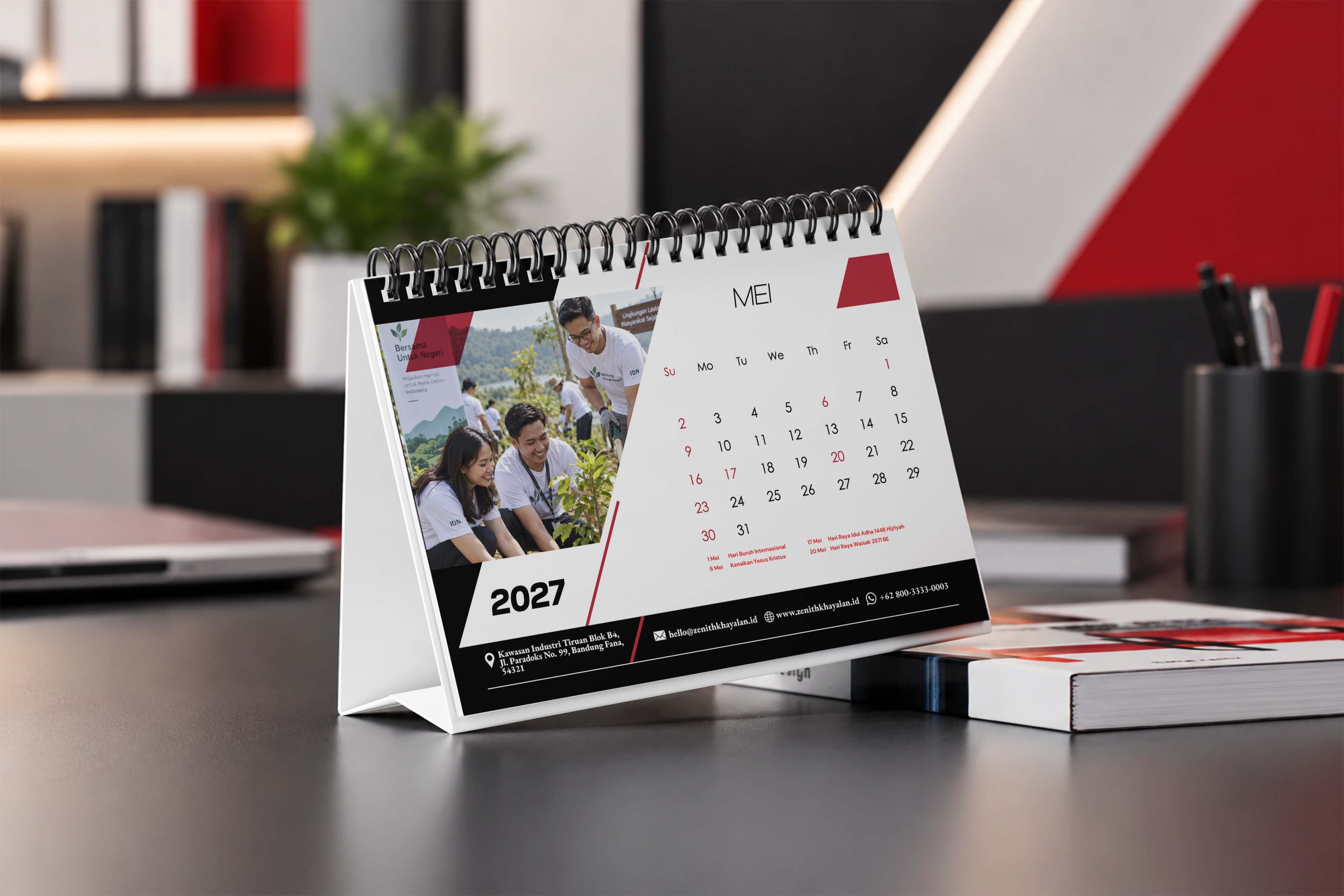 Kalender Meja 2027 Degan Design Simple Dominan Warna Merah Hitam Elegan
