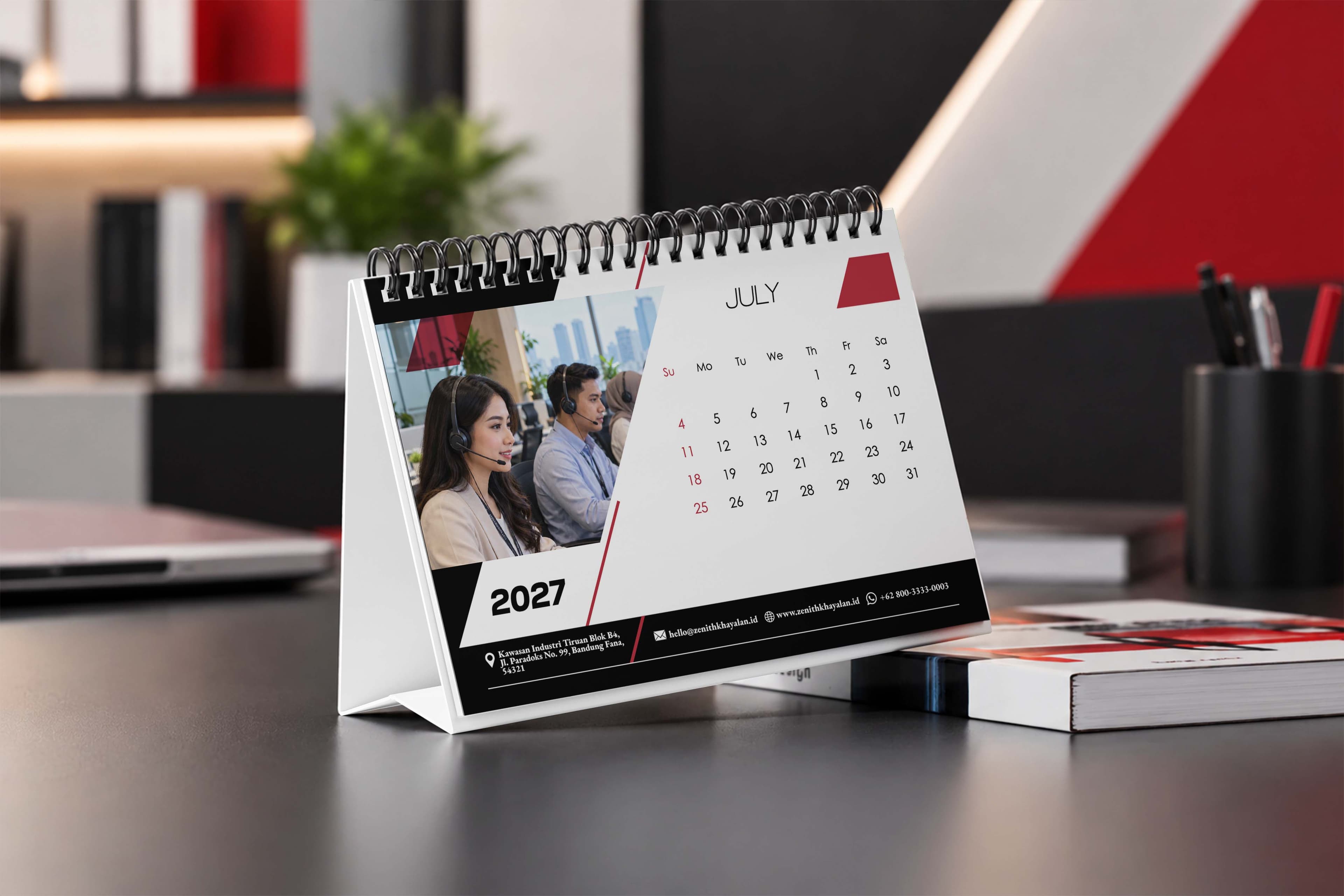 Kalender Meja 2027 Degan Design Simple Dominan Warna Merah Hitam Elegan