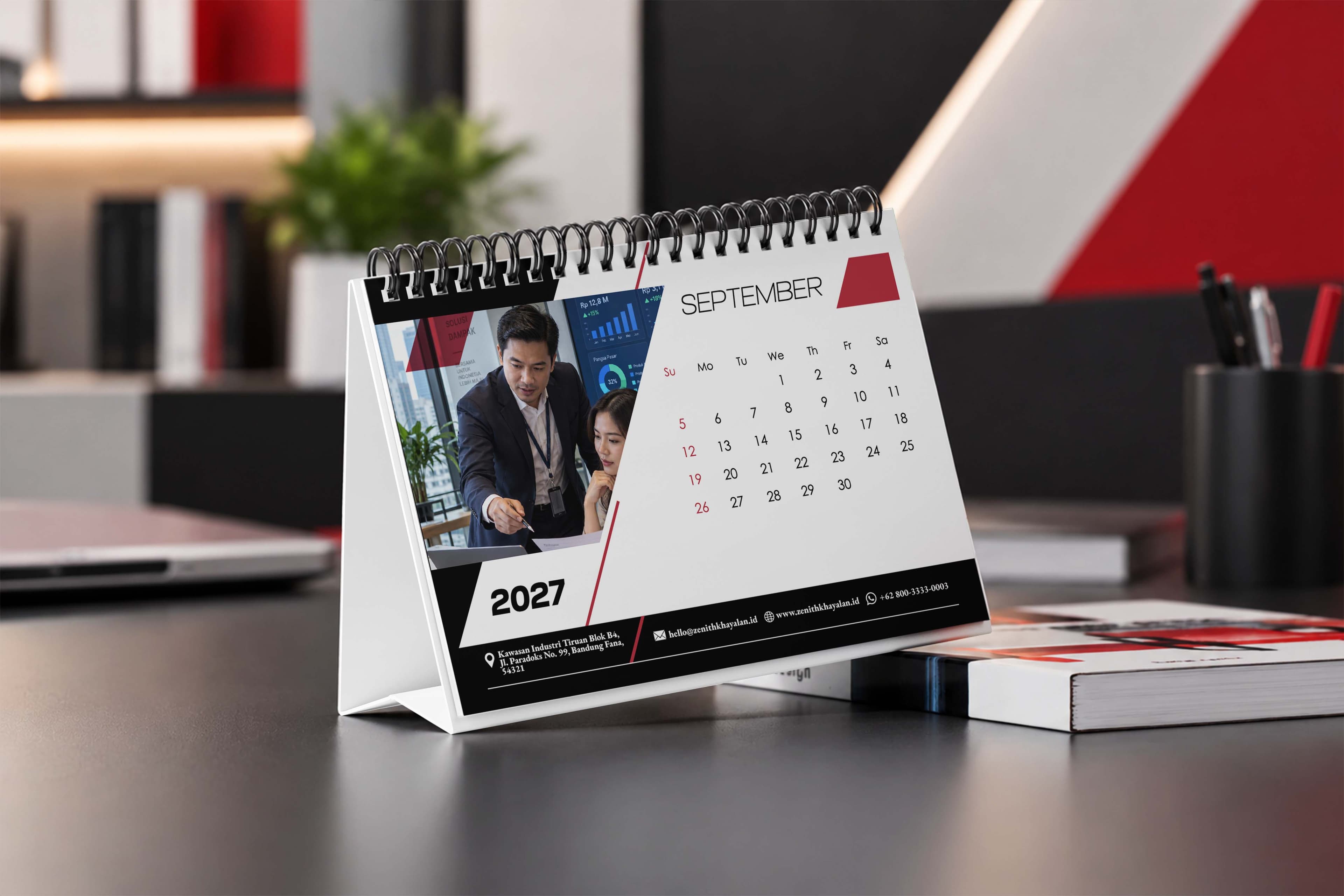 Kalender Meja 2027 Degan Design Simple Dominan Warna Merah Hitam Elegan