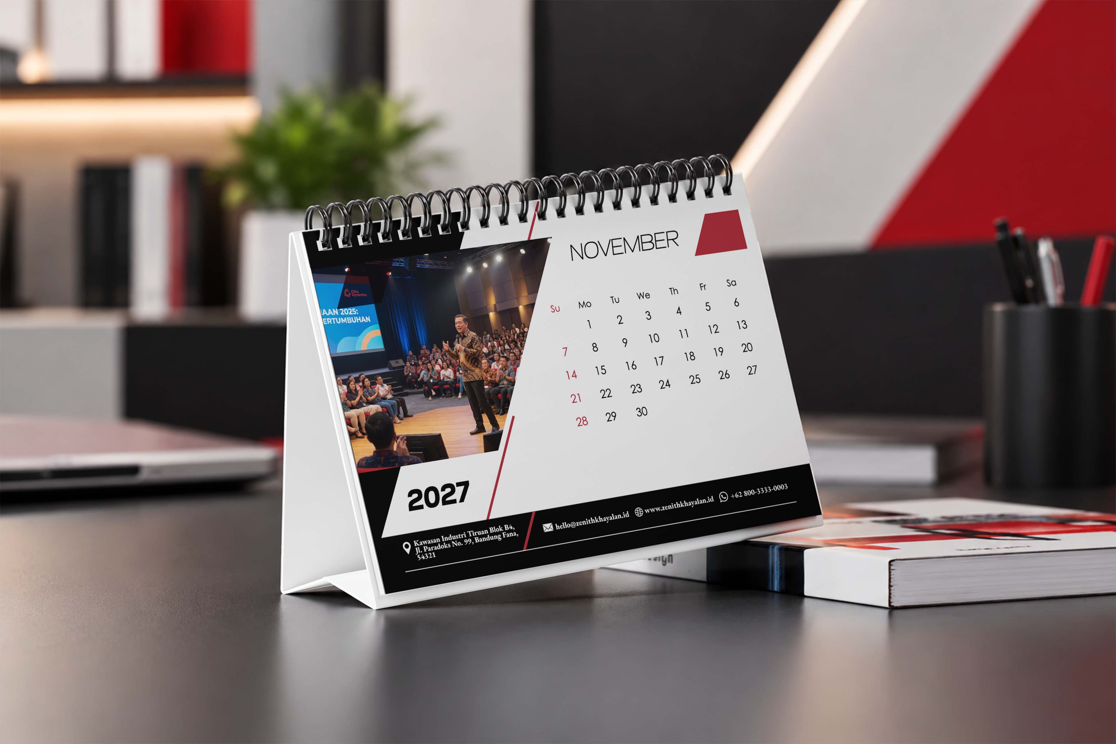 Kalender Meja 2027 Degan Design Simple Dominan Warna Merah Hitam Elegan