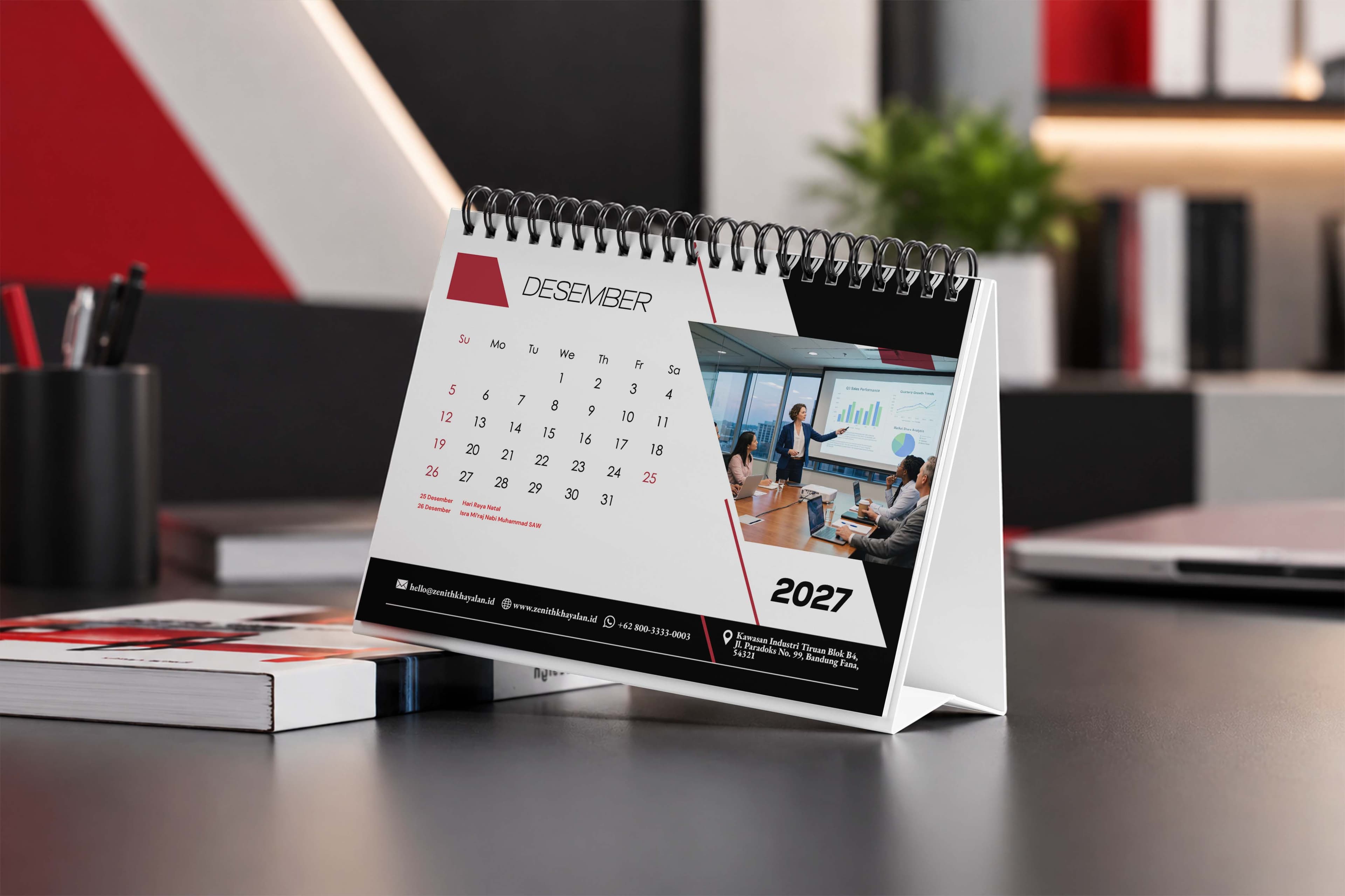 Kalender Meja 2027 Degan Design Simple Dominan Warna Merah Hitam Elegan - Back