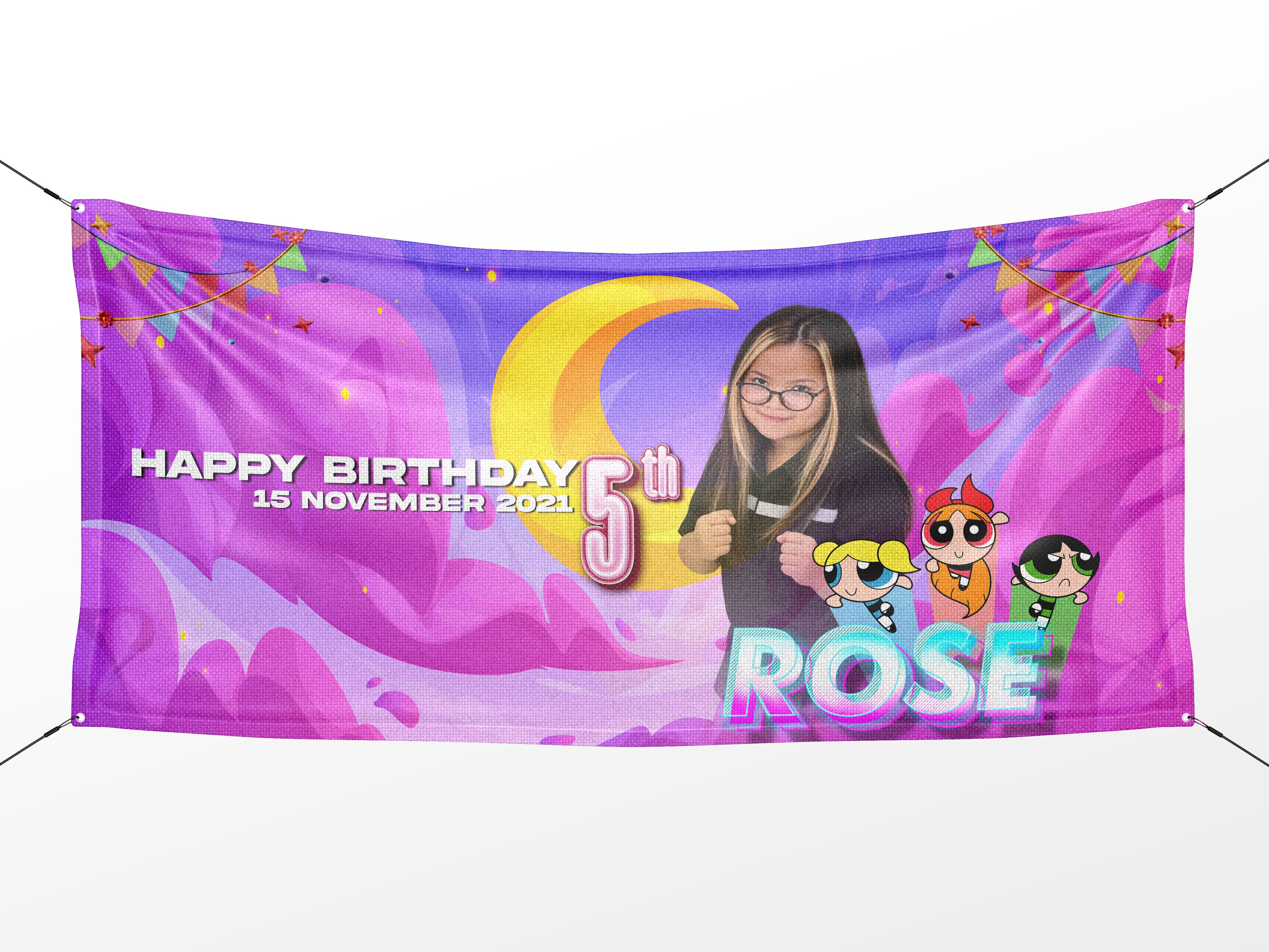 Cute Pink & Purple Powerpuff Girls Birthday Banner Design Idea