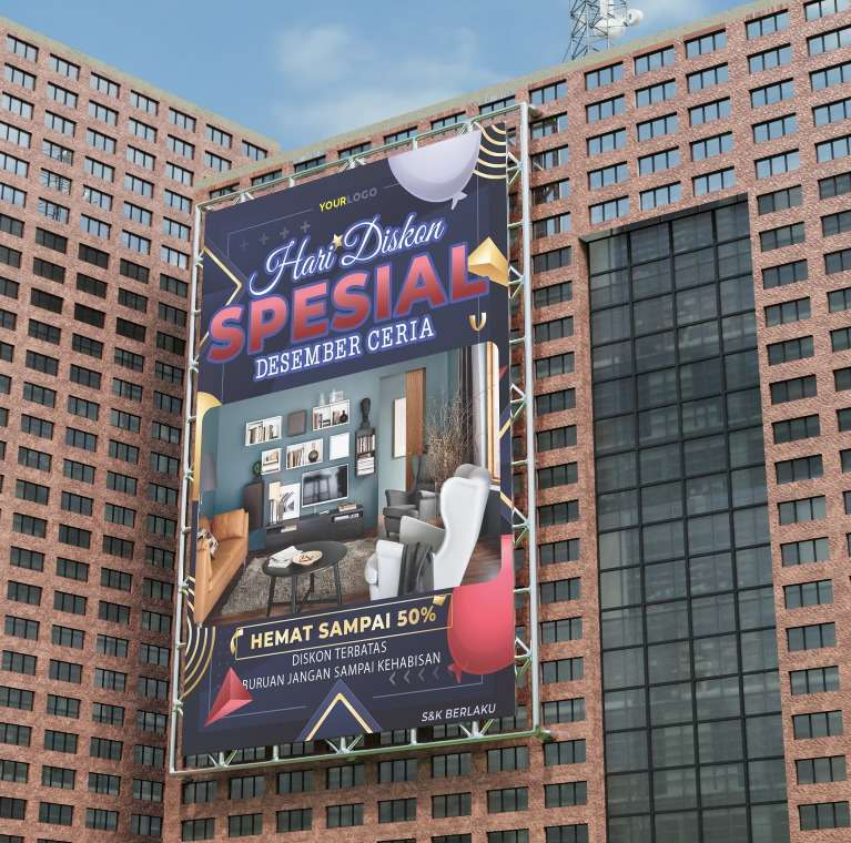 diskon baliho portrait biru dongker merah dan kning ceria namun elegan - Image 1