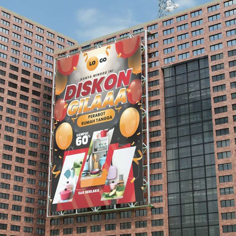 baliho meriah merah diskon gila  merah balon kuning ceria - Image 1