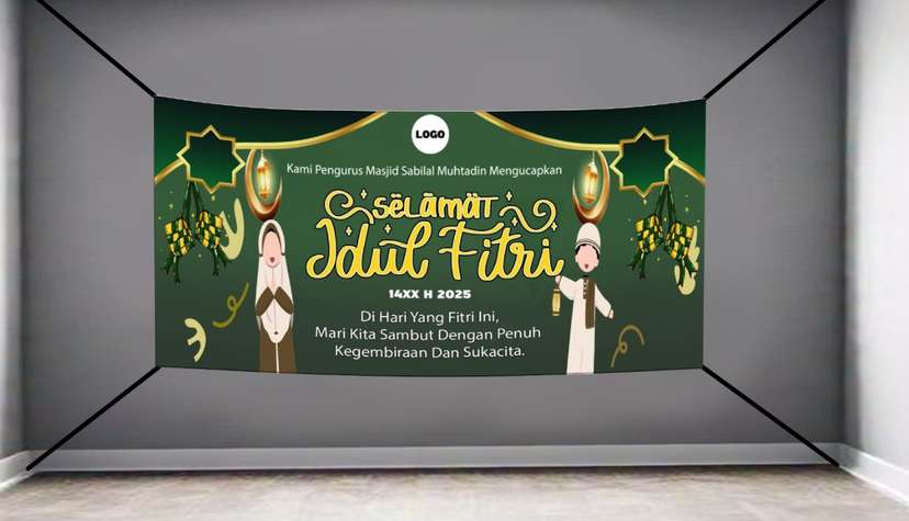 baliho idul fitri hijau anak kartun lucu semangat - Image 1
