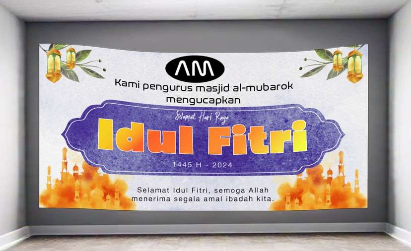 baliho Idul fitri tema kuning cerah ceria manis dengan ornamen masjid orange - Image 1