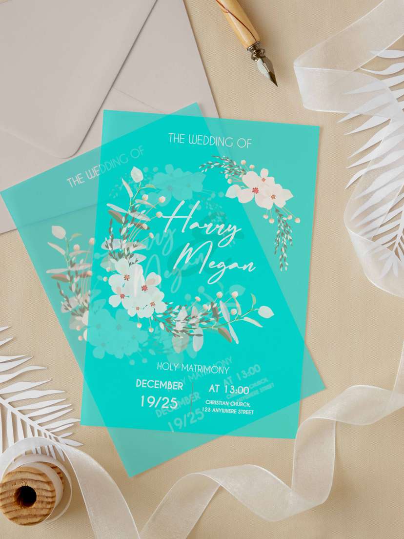 Undangan Wedding 2 Sisi Akrilik Biru Floral - Image 2