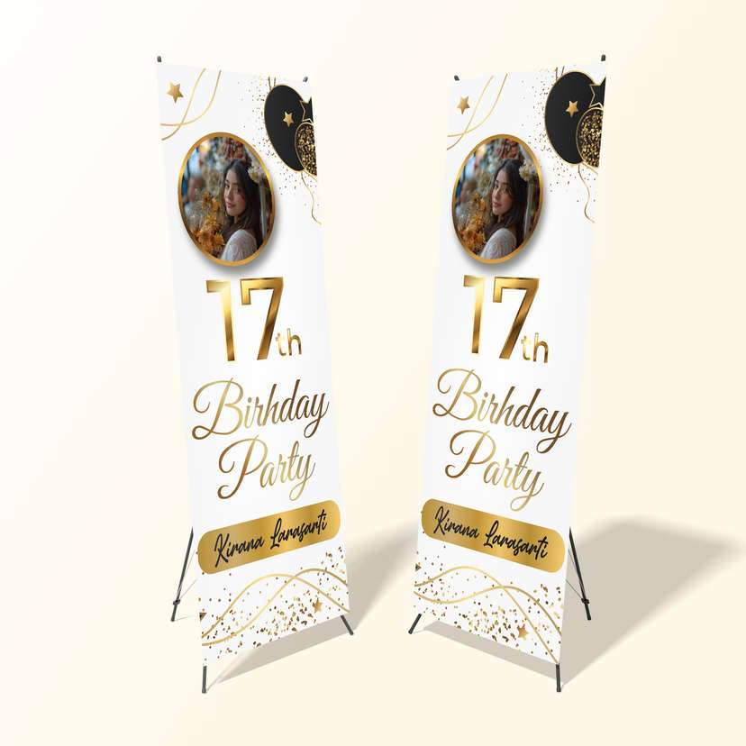 X Banner Ulang Tahun 17 Tahun Tema Gold Putih - Image 1
