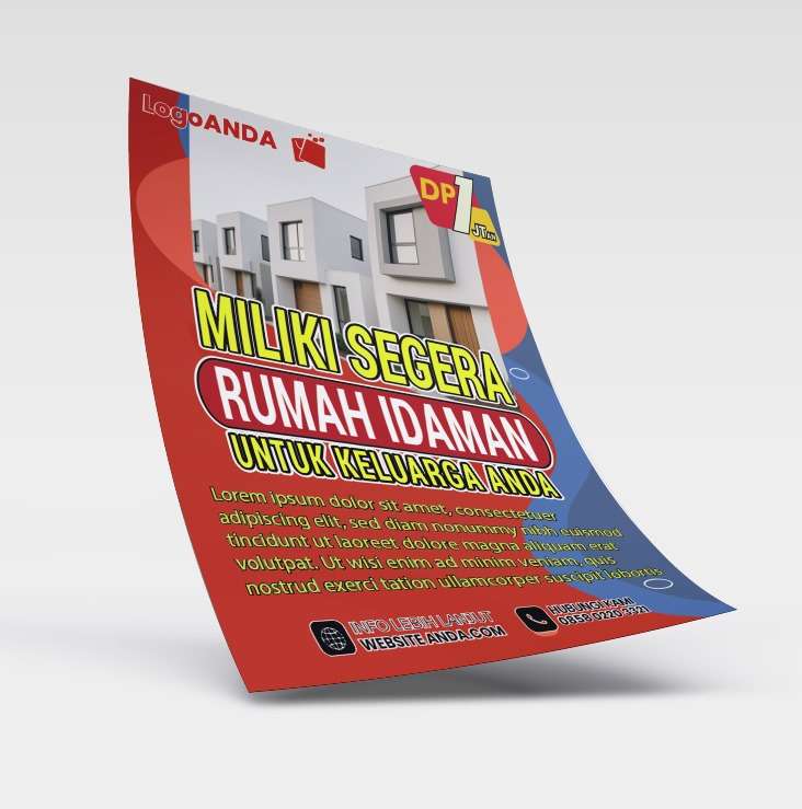 Desain flyer brosur perumahan Nuansa merah biru aksen kuning - Image 1