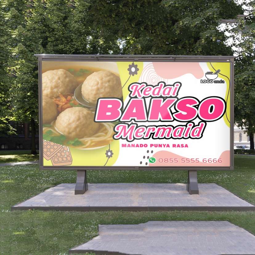 Baliho jualan Bakso mermaid kuning Manado Punya Rasa - Image 1
