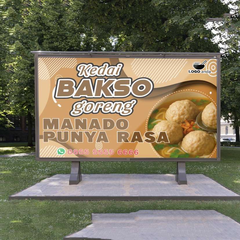 Desain baliho jualan dagang bakso nuansa coklat tenang lembut creamy - Image 1