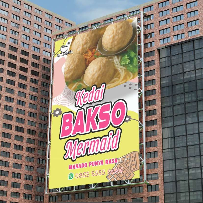 Baliho jualan Bakso mermaid kuning Manado Punya Rasa - Image 1