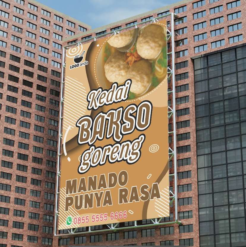 Desain baliho jualan dagang bakso nuansa coklat tenang lembut creamy - Image 1