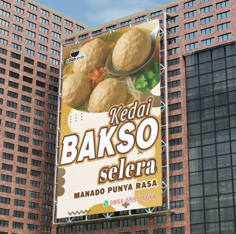 Desain baliho jualan dagang bakso nuansa coklat menggugah selera - Image 1