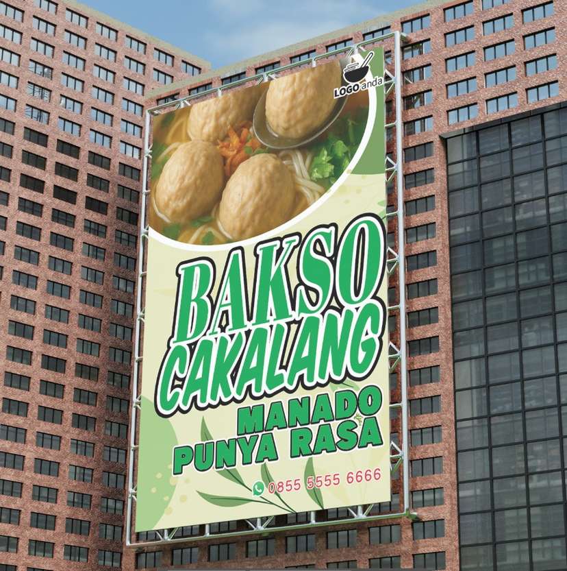 Desain baliho jualan dagang bakso nuansa cream aksen hijau vertikal - Image 1