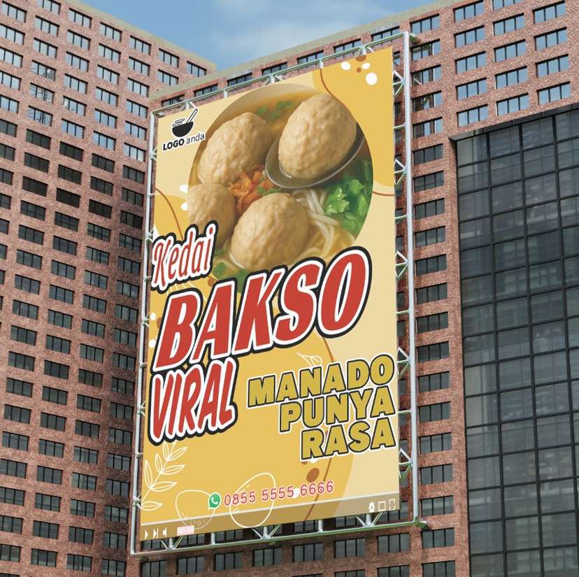 Desain baliho jualan dagang bakso nuansa kuning segar bahagia - Image 1