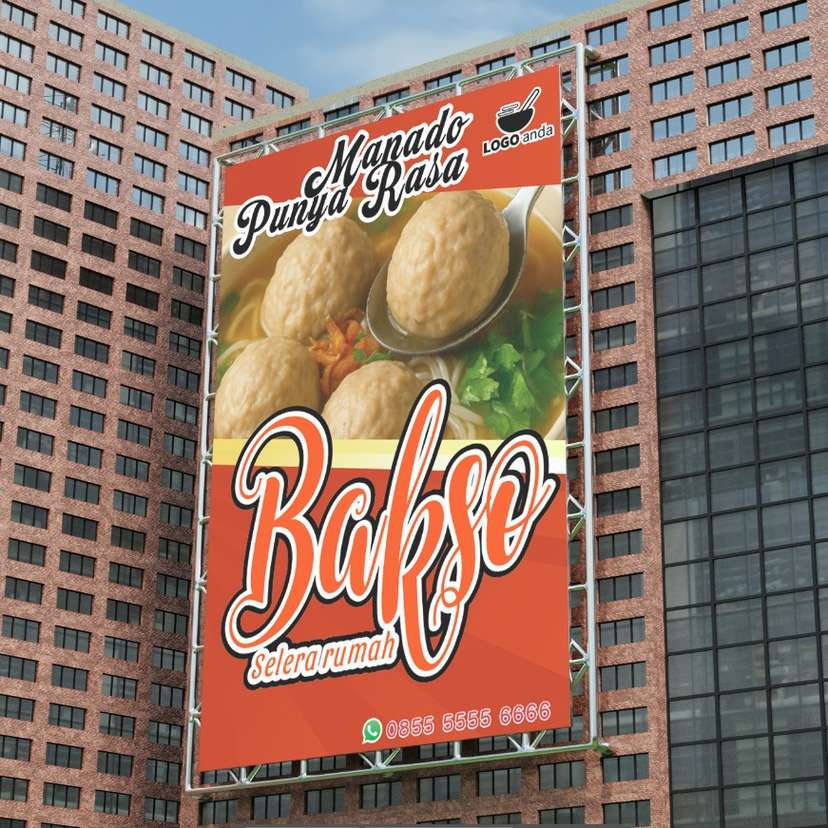 Desain baliho jualan dagang bakso nuansa merah aksen kuning slice - Image 1