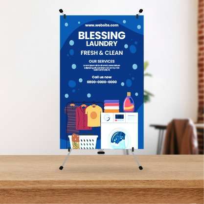 Mini Standing Banner Laundry Dengan Gambar Mesin Cuci dan Pakaian - Image 1